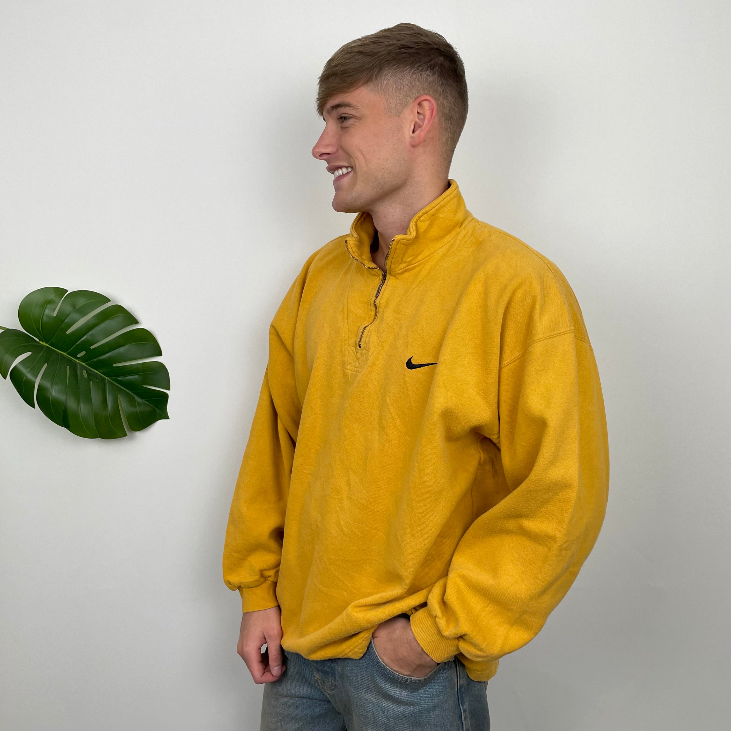 Nike RARE Yellow Embroidered Swoosh Quarter Zip Sweatshirt (L)