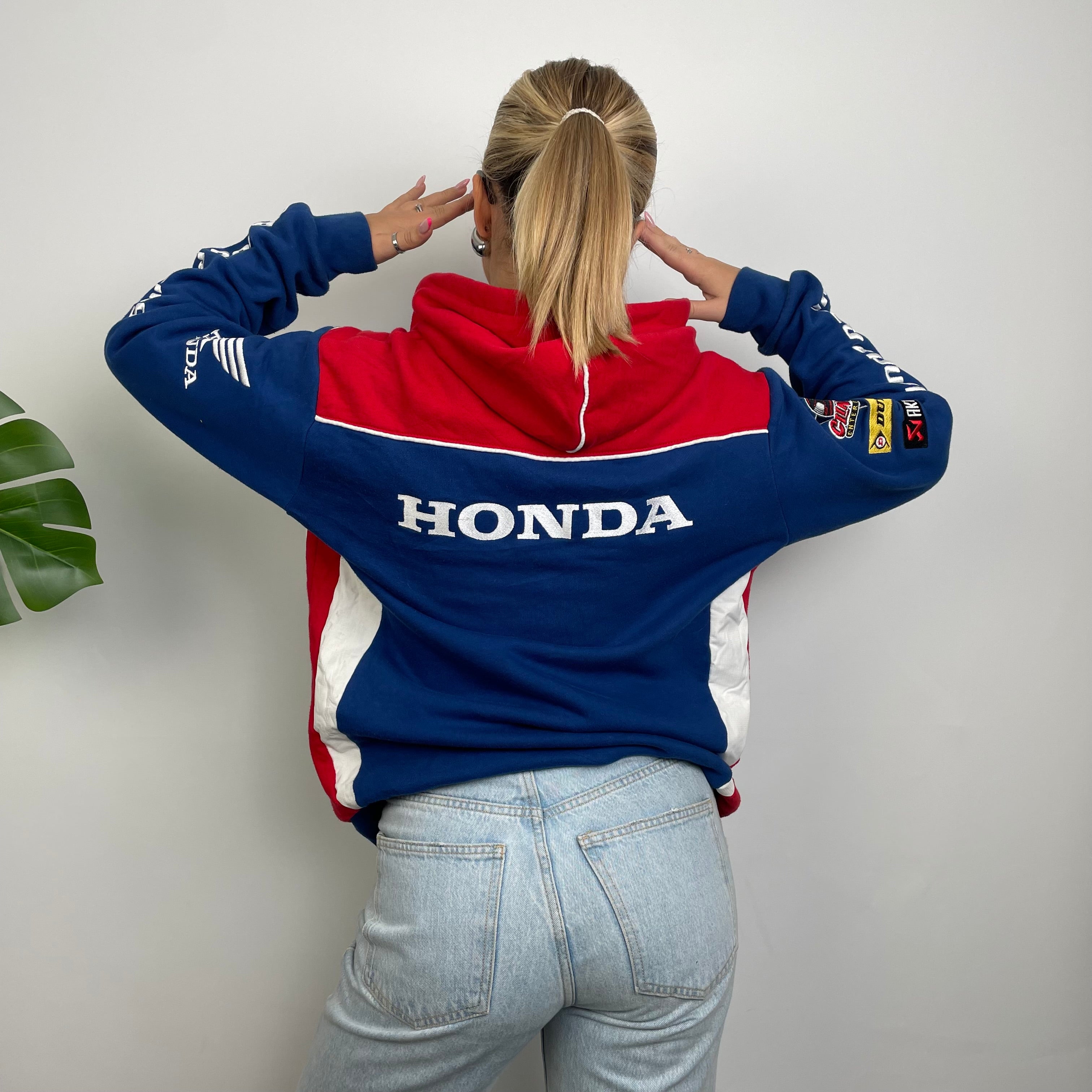 Honda Racing Blue Embroidered Spell Out Zip Up Hoodie Jacket (M)