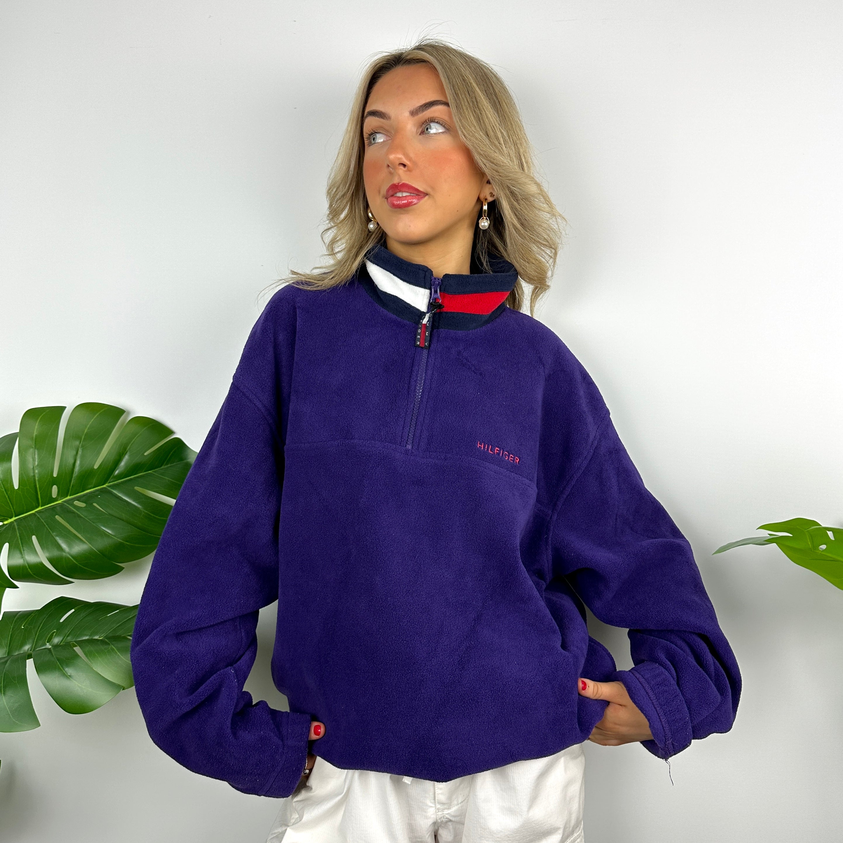 Tommy Hilfiger Purple Embroidered Spell Out Teddy Bear Fleece Quarter Zip Sweatshirt (L)