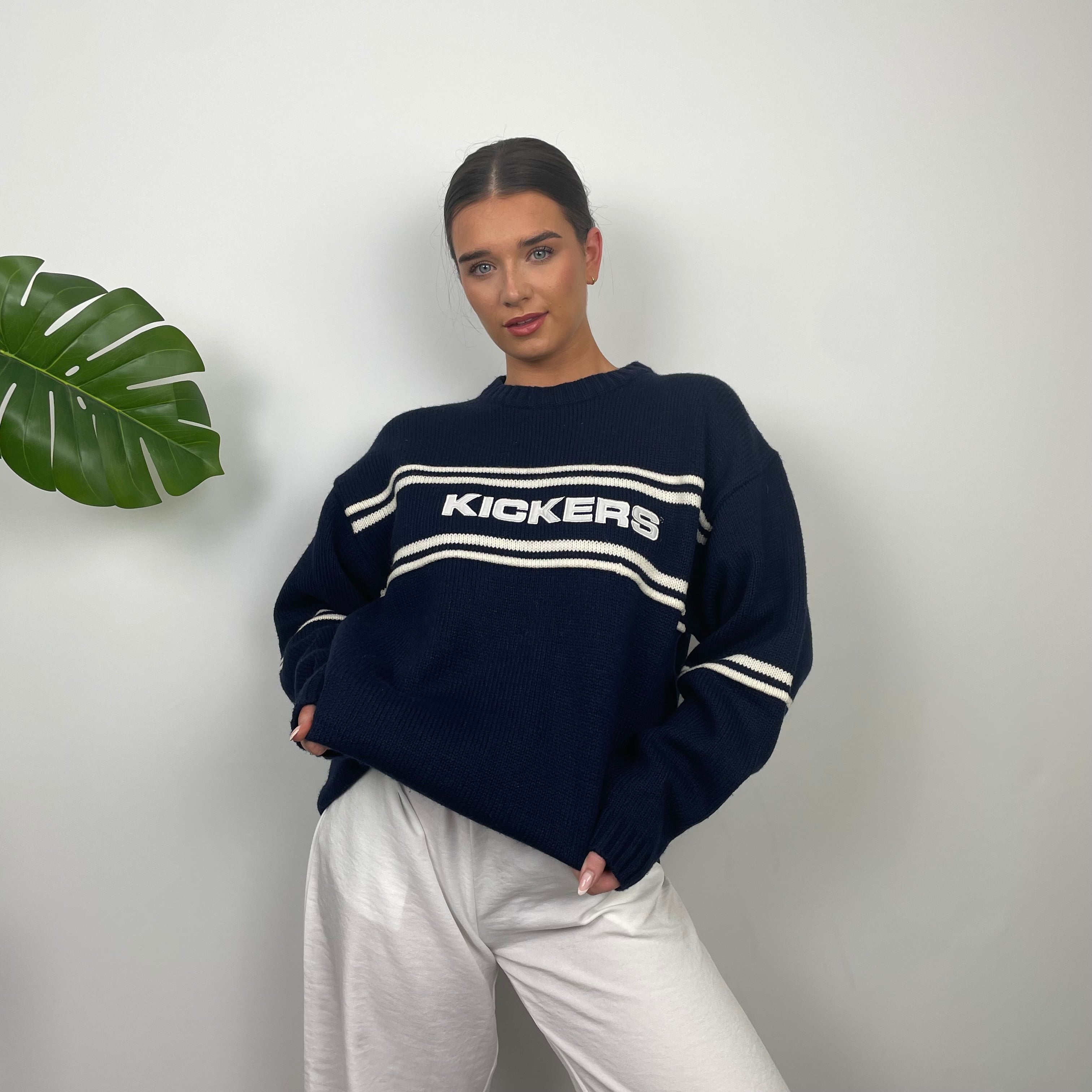 Kickers RARE Navy & Cream Embroidered Spell Out Knitted Sweater (L)