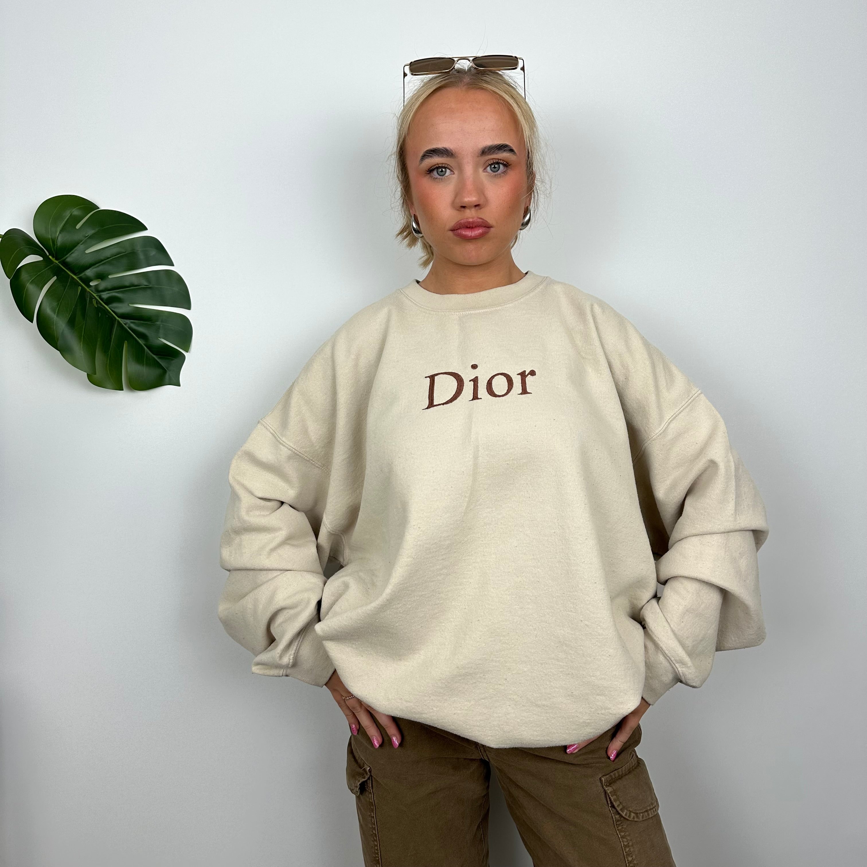 Christian Dior Bootleg Cream Embroidered Spell Out Sweatshirt (L)