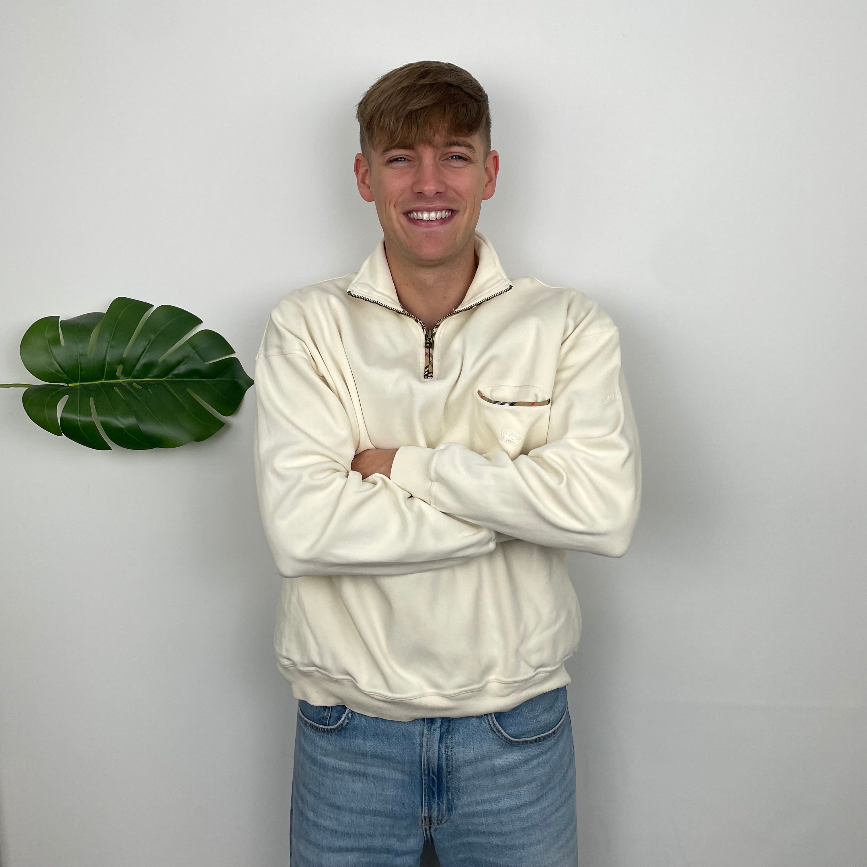 Burberry Cream Embroidered Spell Out Quarter Zip (L)