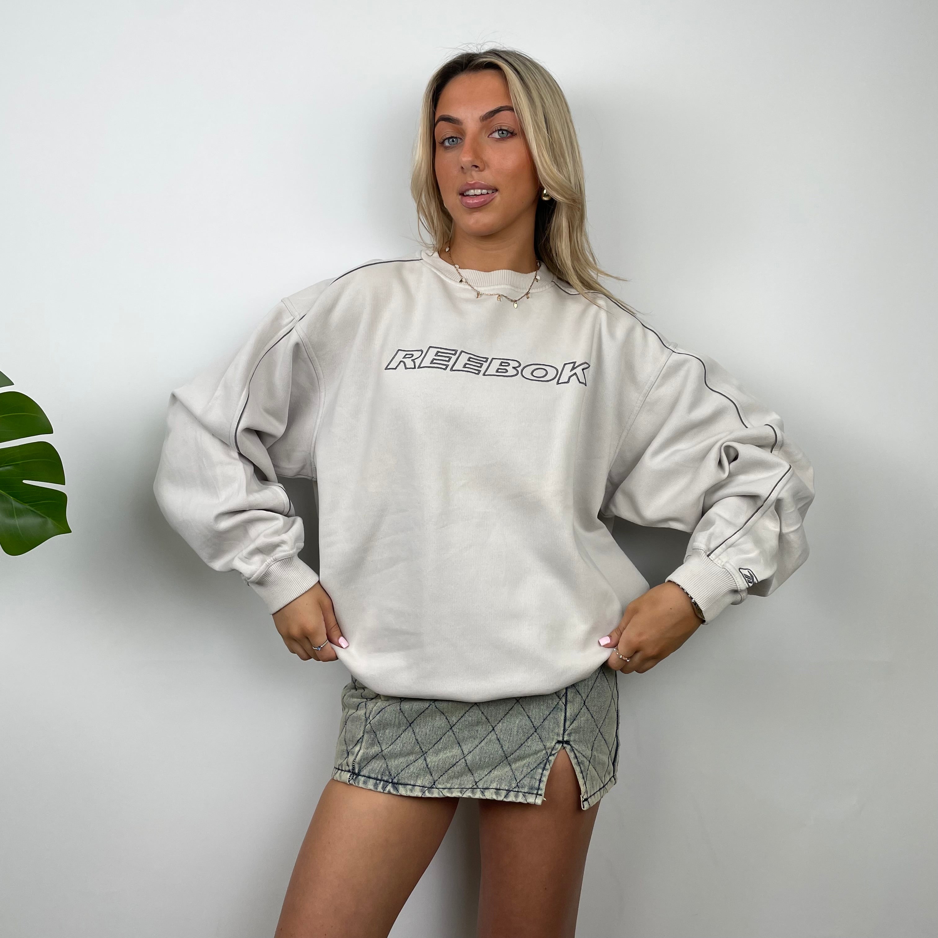 Reebok Cream Embroidered Spell Out Sweatshirt (L)