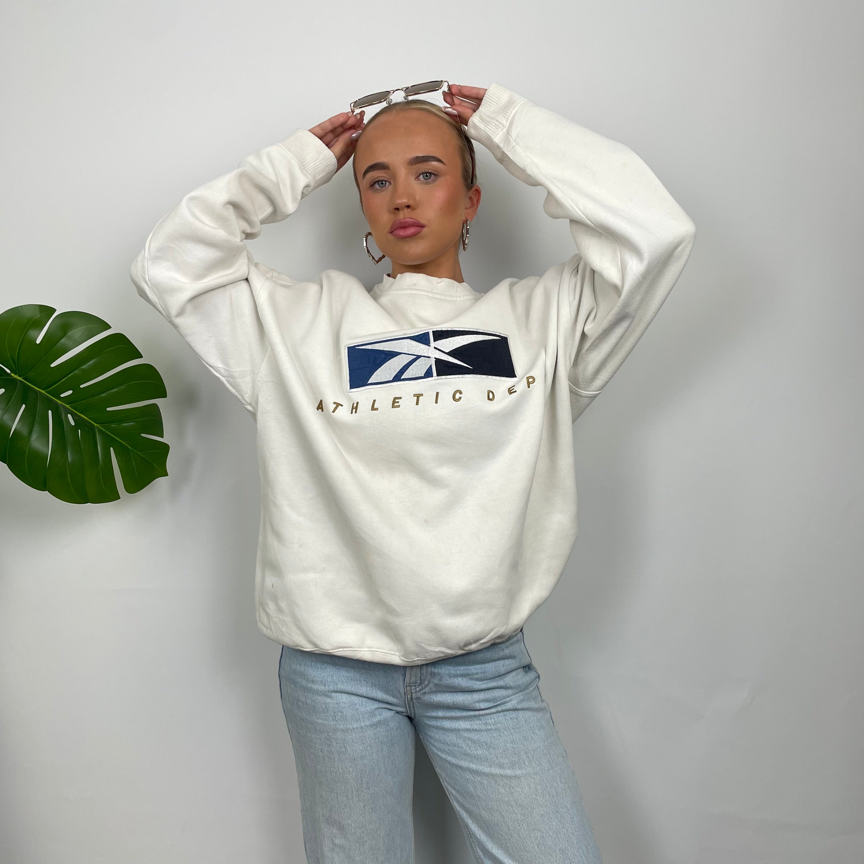 Reebok Athletic White Embroidered Spell Out Sweatshirt (M)