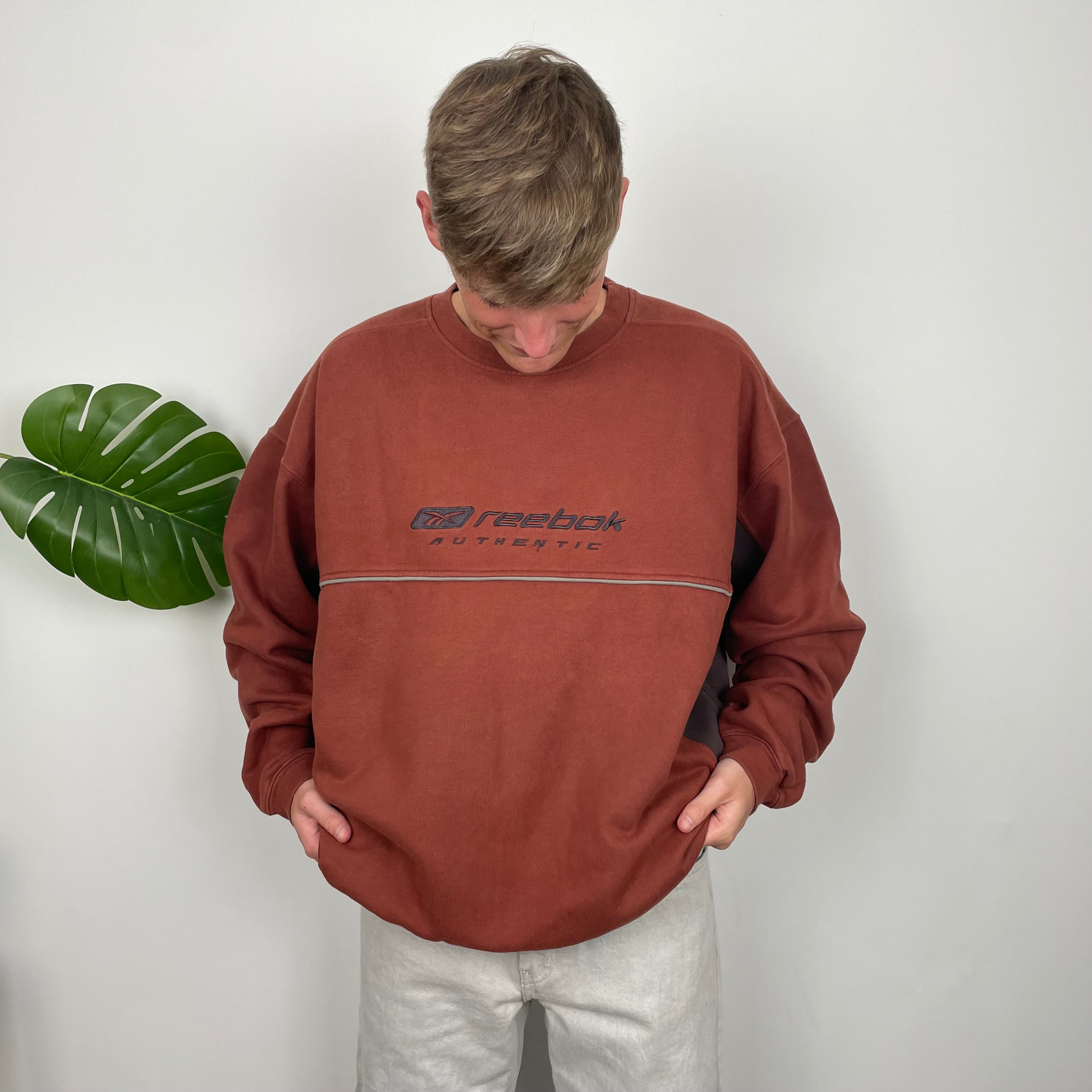 Reebok RARE Burnt Sienna Brown Embroidered Spell Out Sweatshirt (XL)