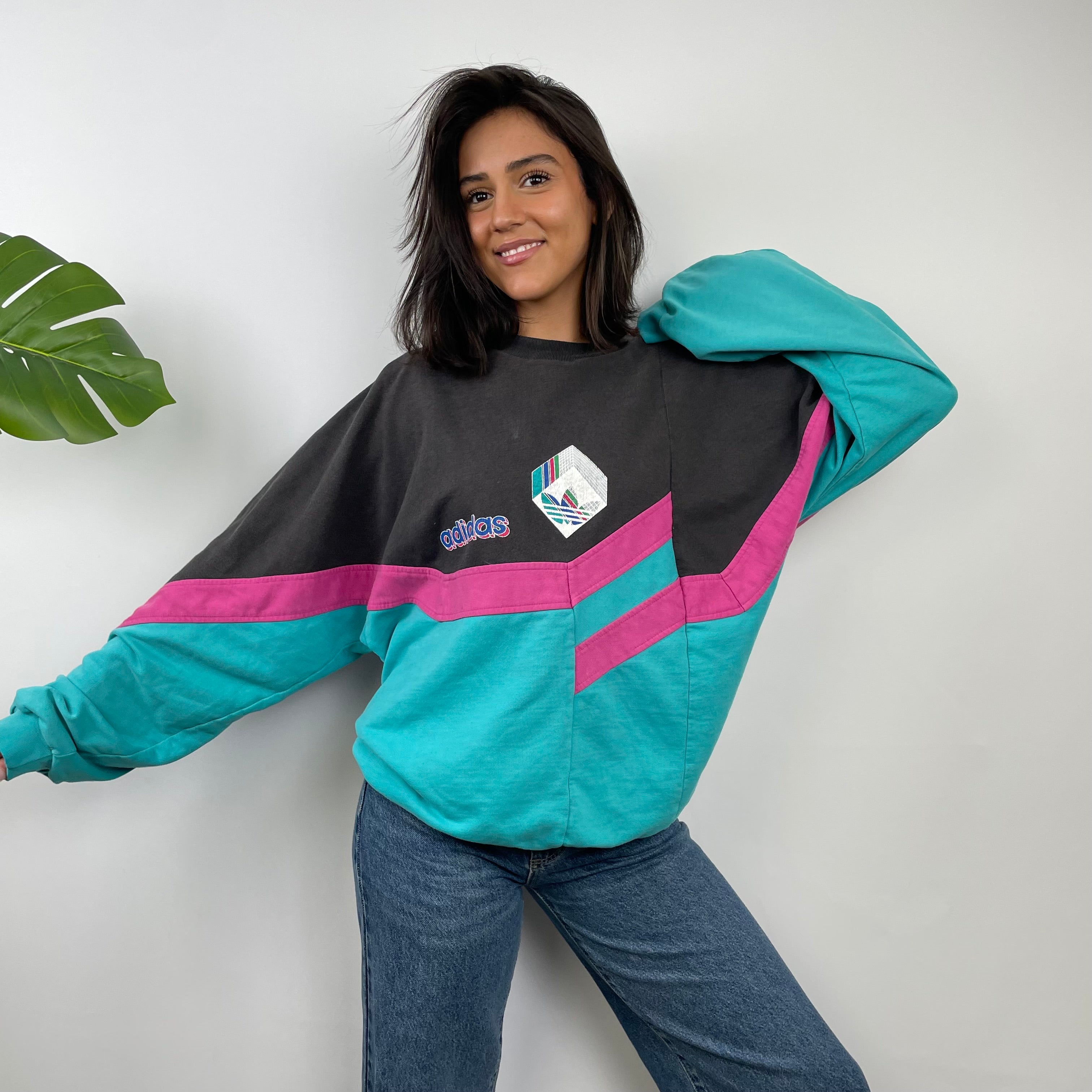 Adidas Colour Block Embroidered Spell Out Sweatshirt (L)