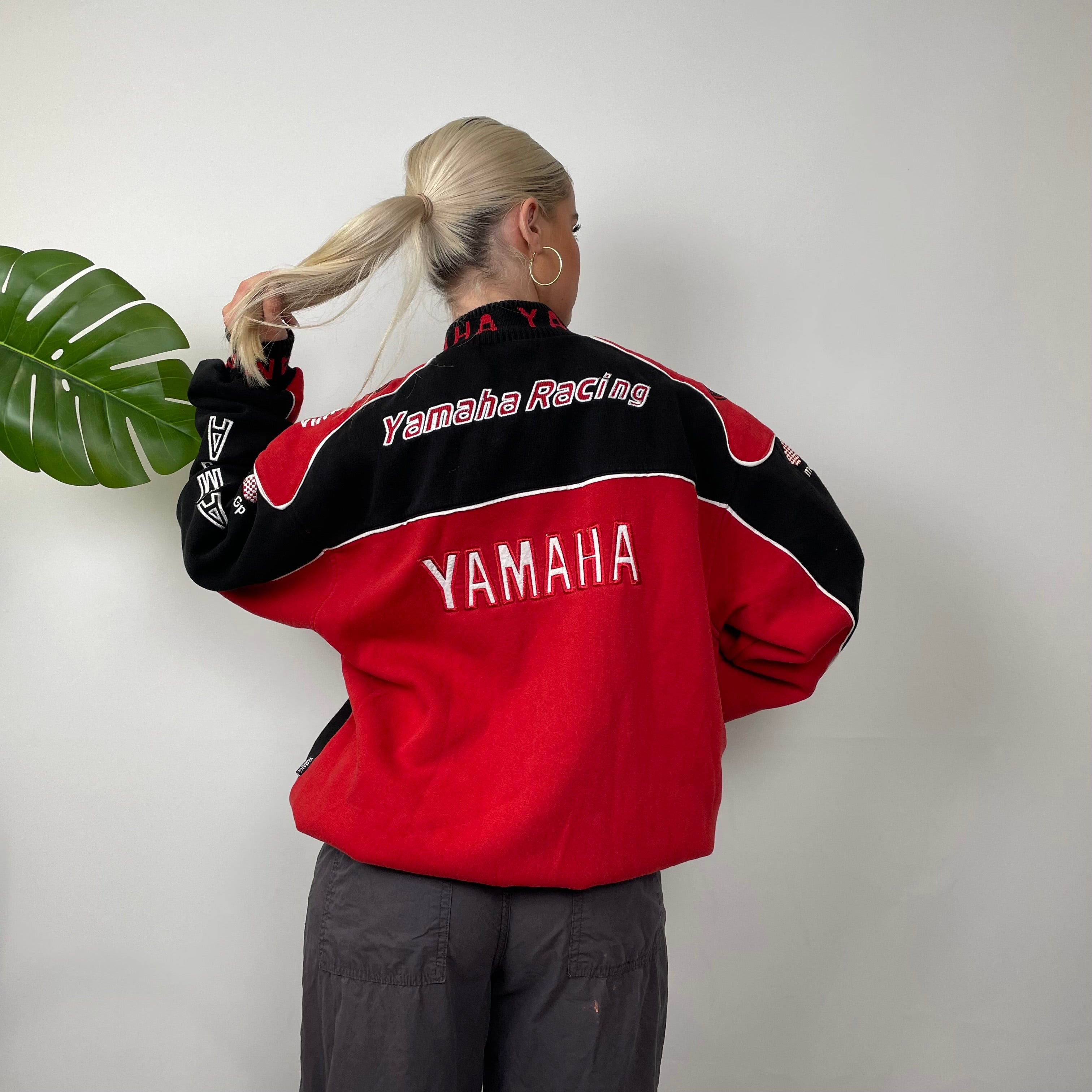 Yamaha Racing Team Red Embroidered Spell Out Zip Up Hoodie Jacket (L)