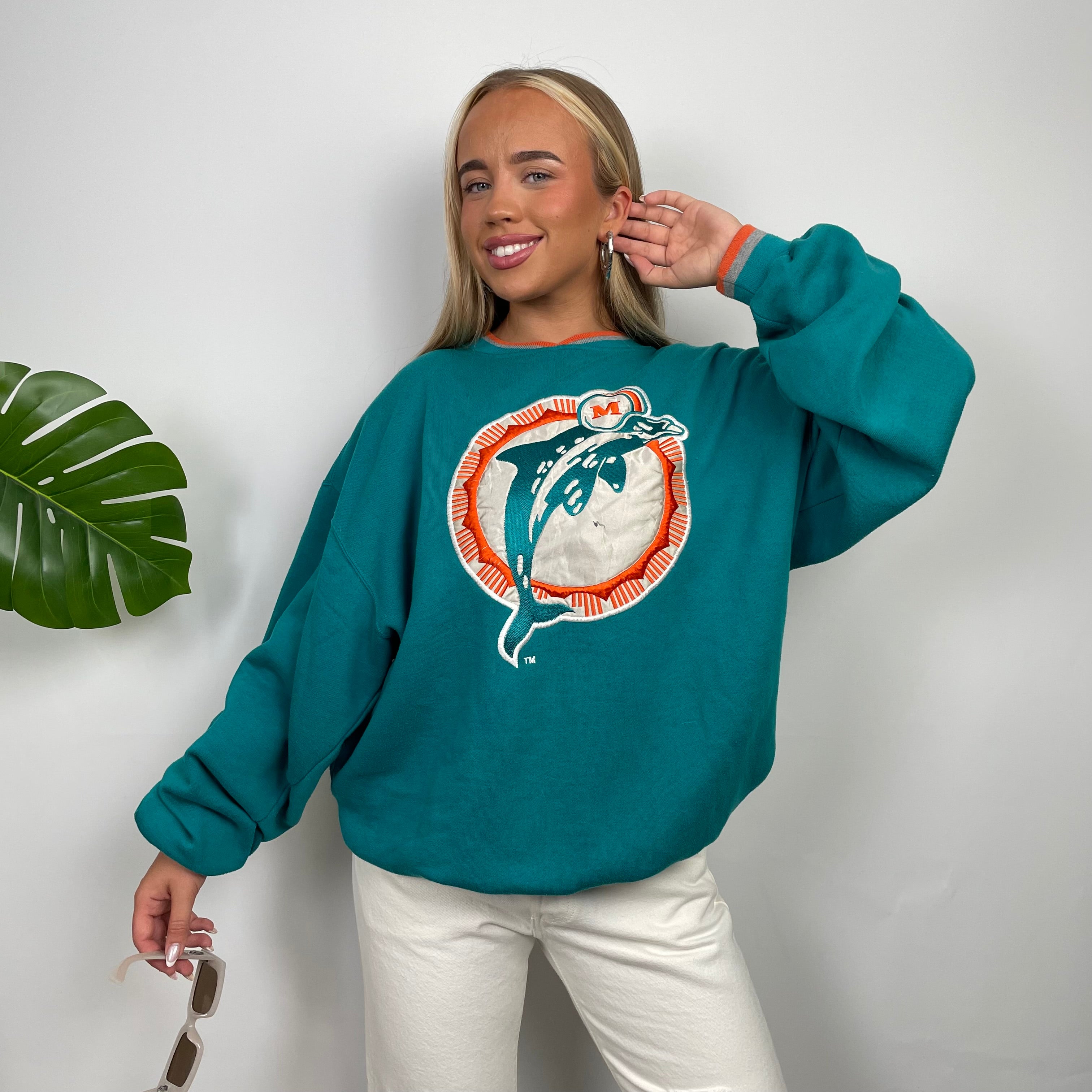 NFL Miami Dolphins Turquoise Embroidered Spell Out Sweatshirt (L)