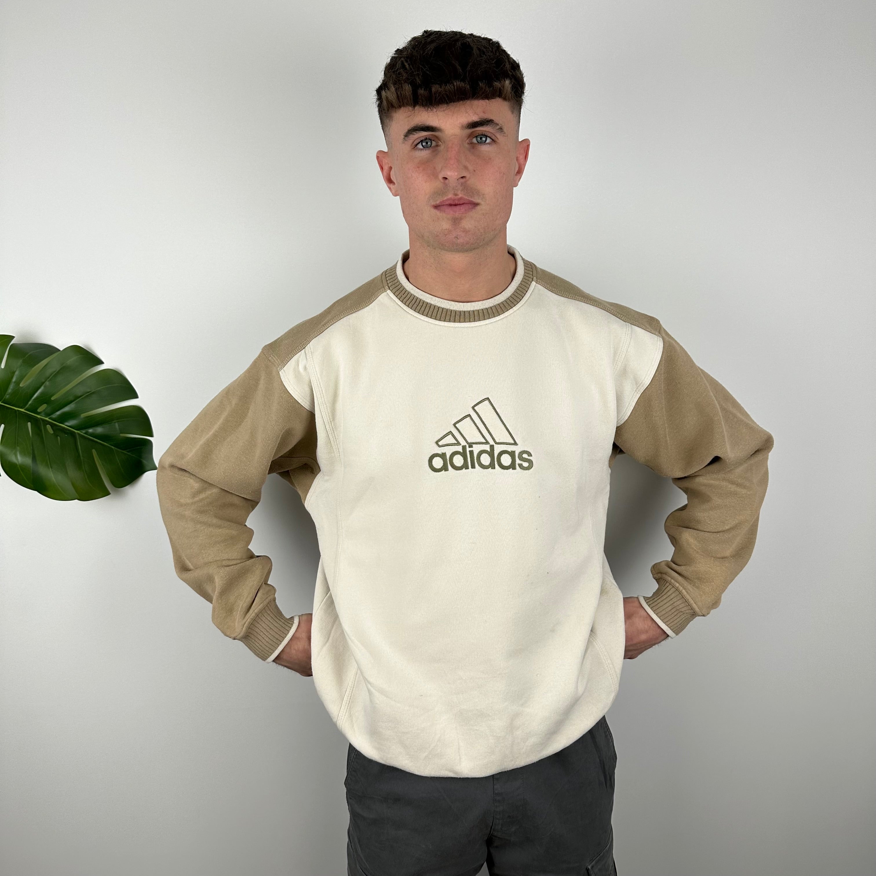 Adidas Cream and Tan Brown Embroidered Spell Out Sweatshirt (M)