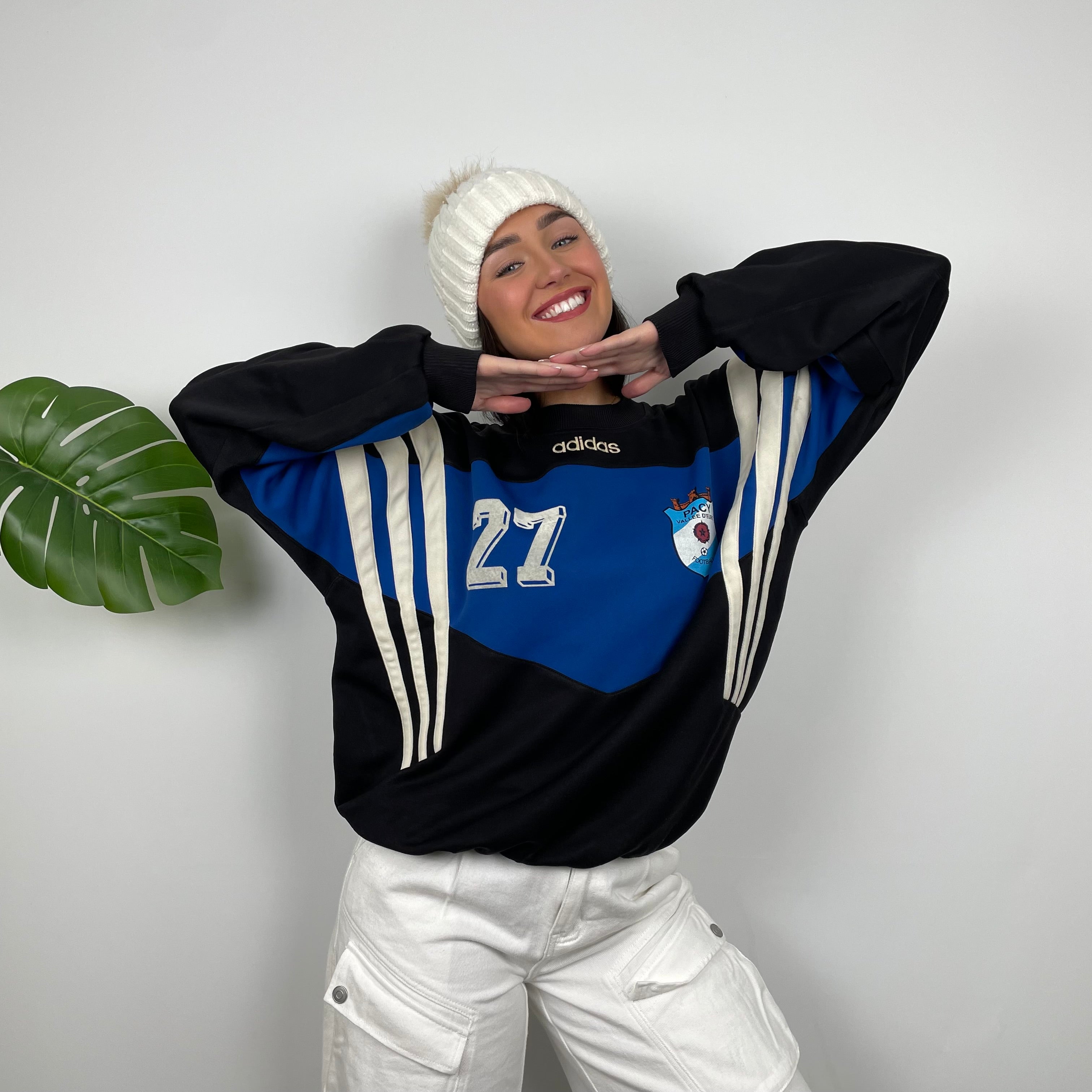 Adidas Black & Blue Embroidered Spell Out Colour Block Sweatshirt (L)