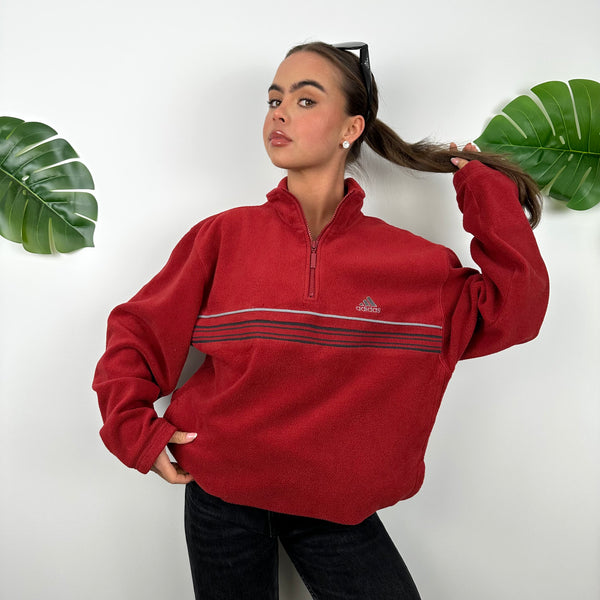 Adidas Red Embroidered Spell Out Teddy Bear Fleece Quarter Zip Sweatshirt (L)