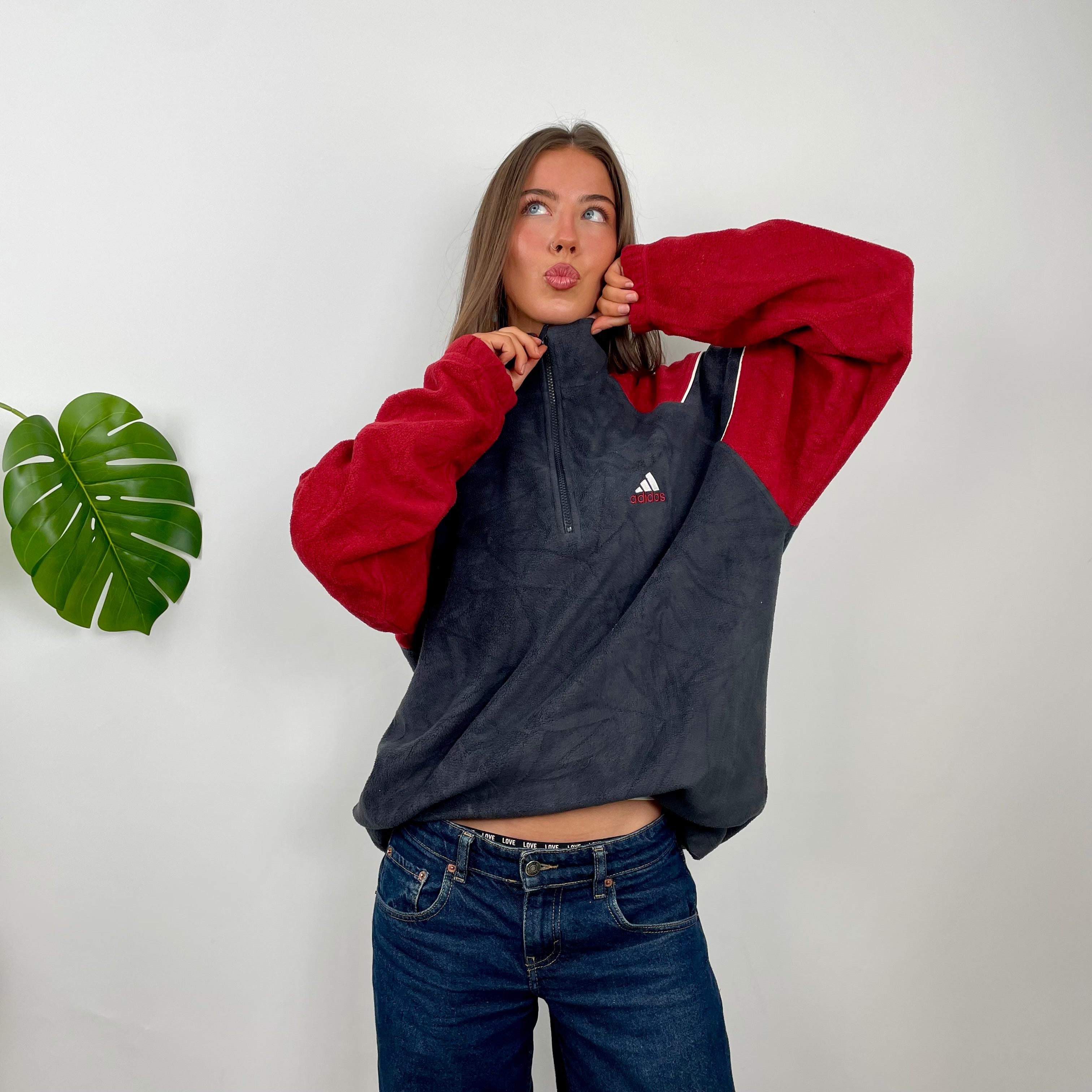 Adidas Black Colour Block Embroidered Spell Out Teddy Bear Fleece Quarter Zip Sweatshirt (XL)