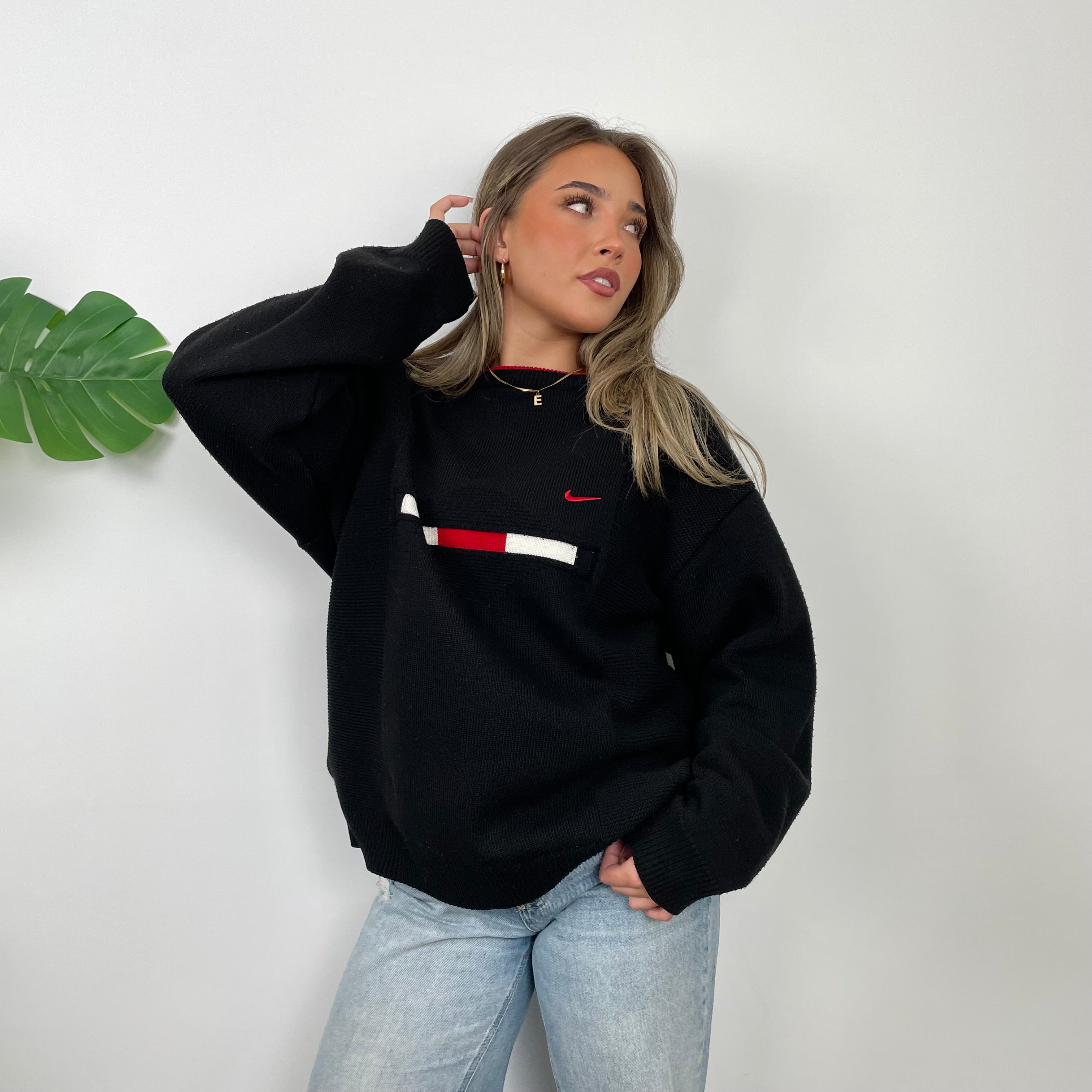 Nike RARE Black Embroidered Swoosh Knitted Sweater (L)