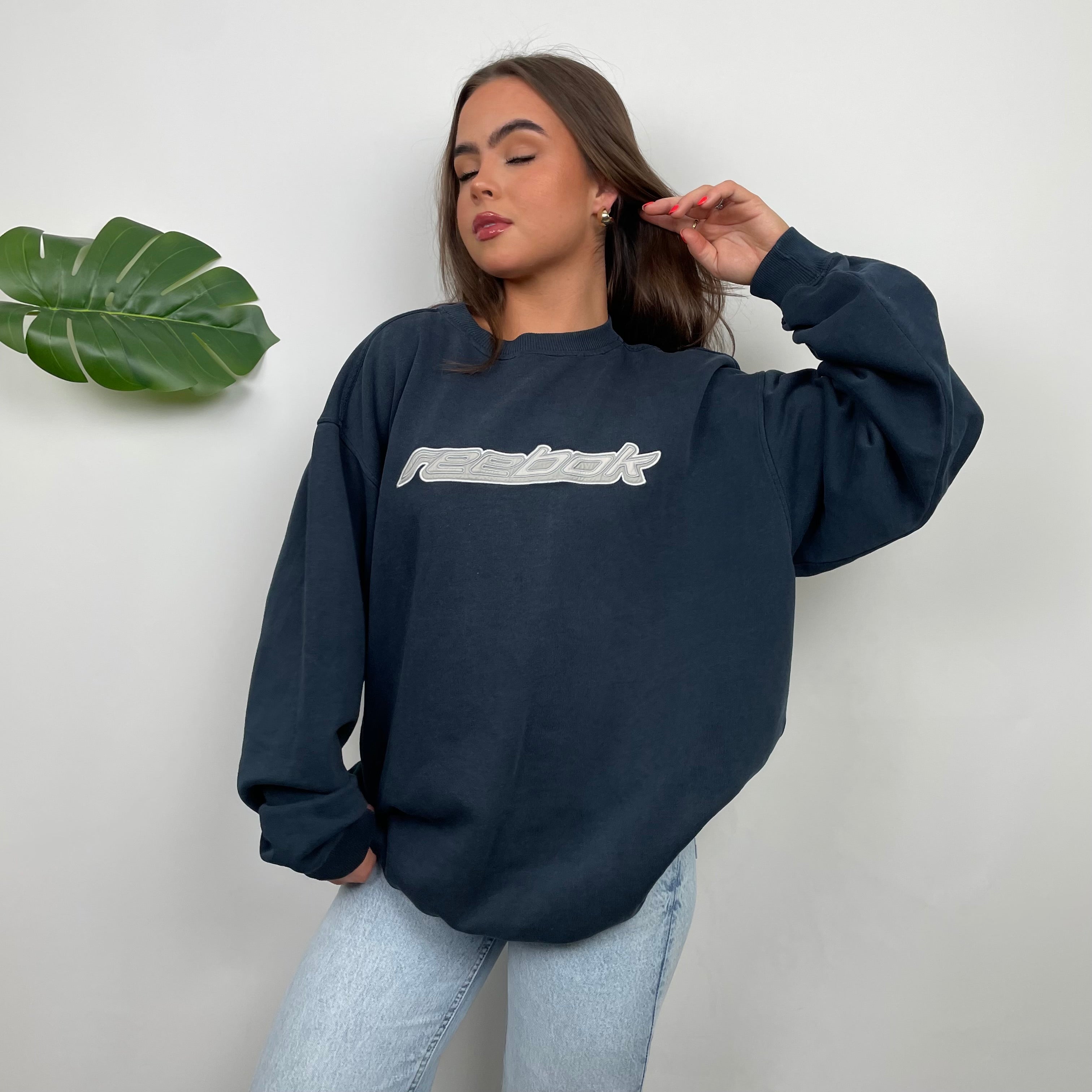 Reebok Navy Embroidered Spell Out Sweatshirt (L)