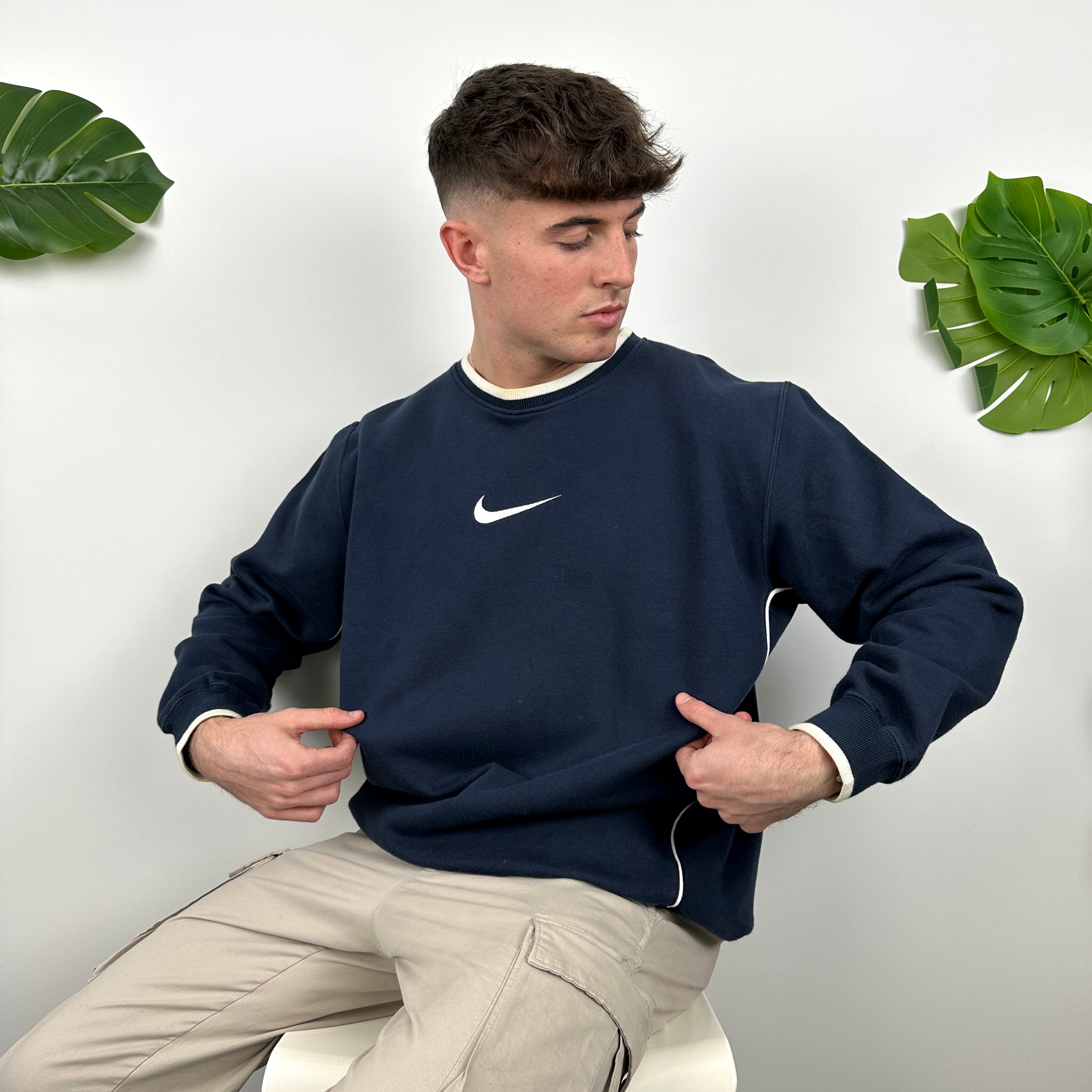 Nike RARE Navy Embroidered Swoosh Sweatshirt (L)