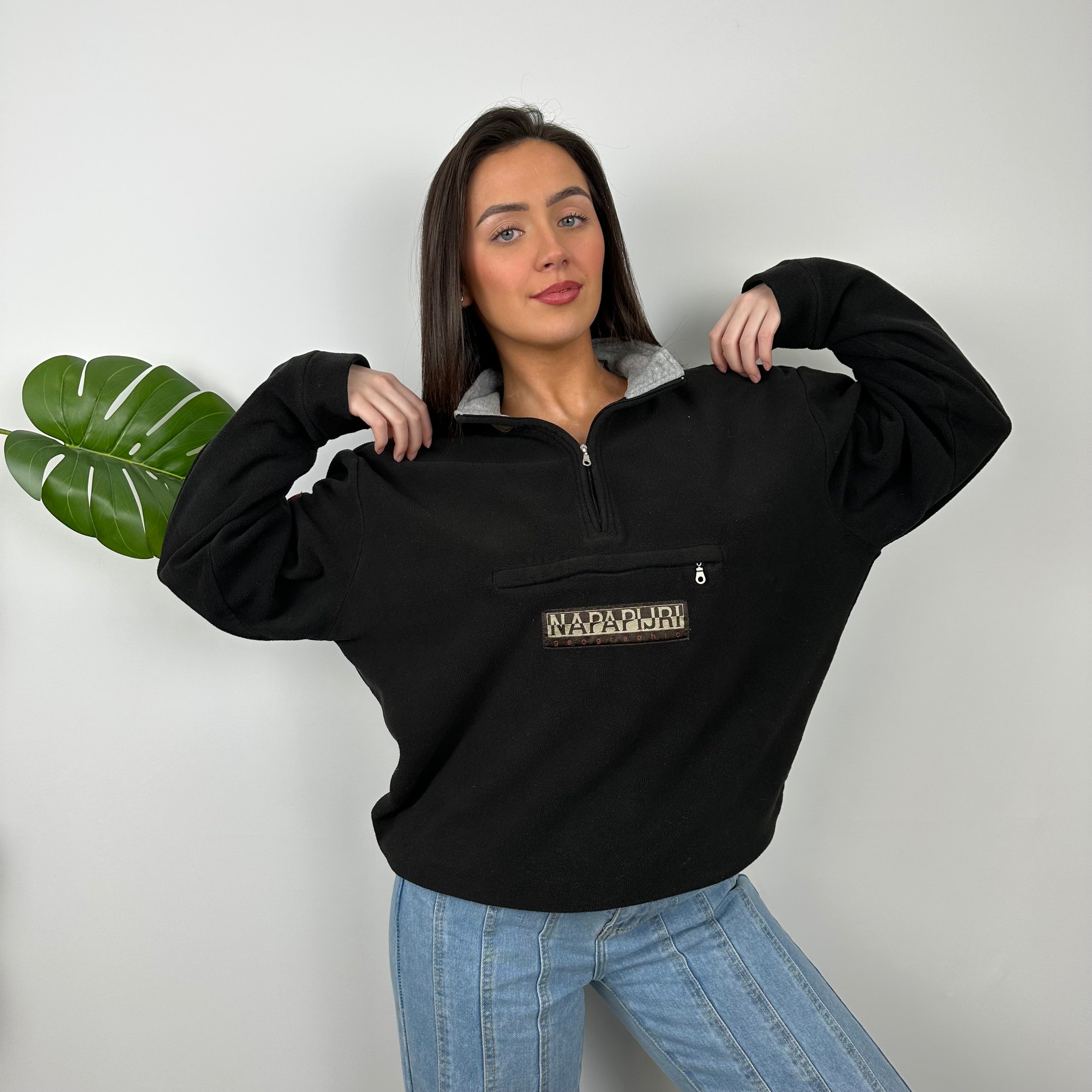 Napapijri RARE Black Embroidered Spell Out Teddy Bear Fleece Quarter Zip Sweatshirt (M)