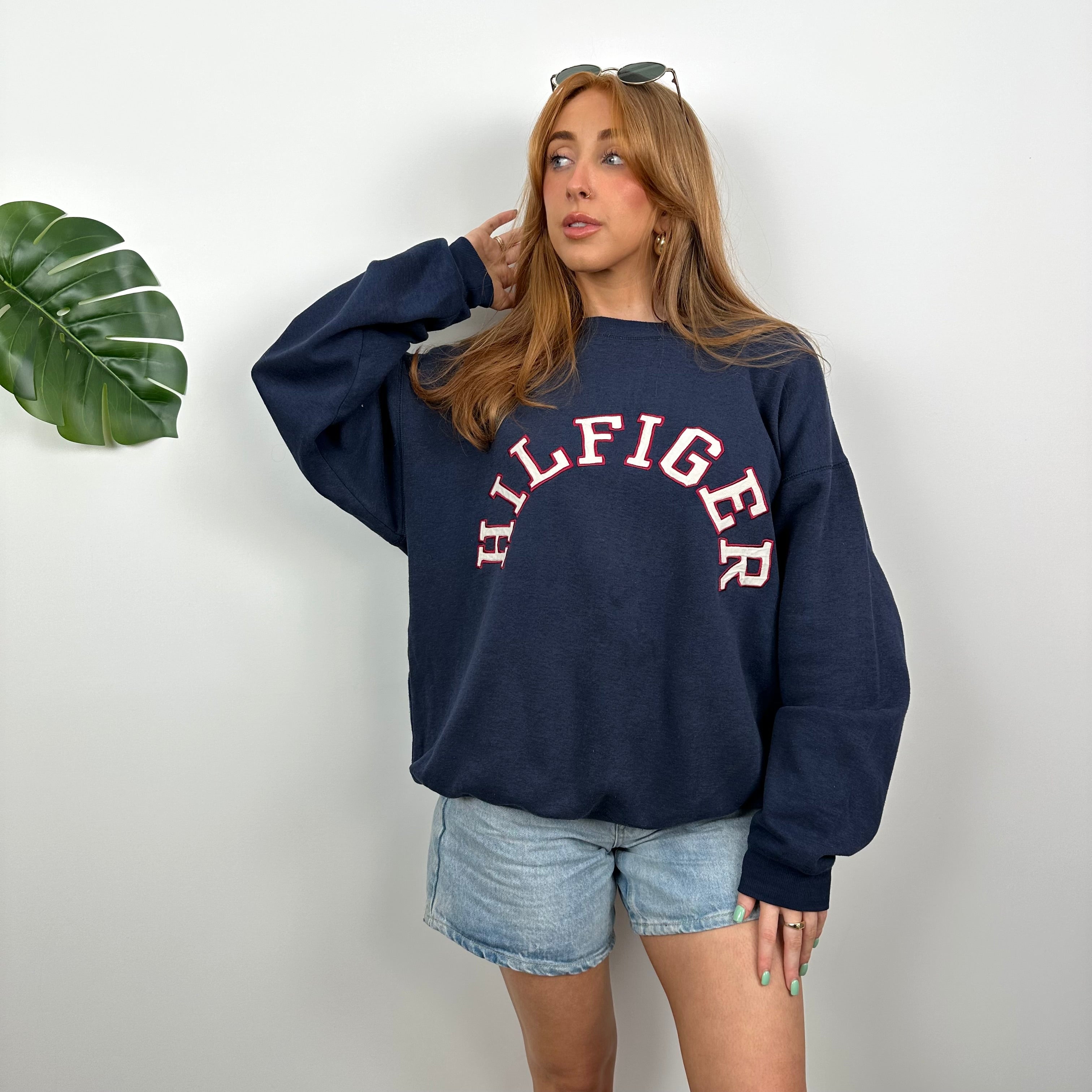 Tommy Hilfiger RARE Navy Embroidered Spell Out Sweatshirt (M)