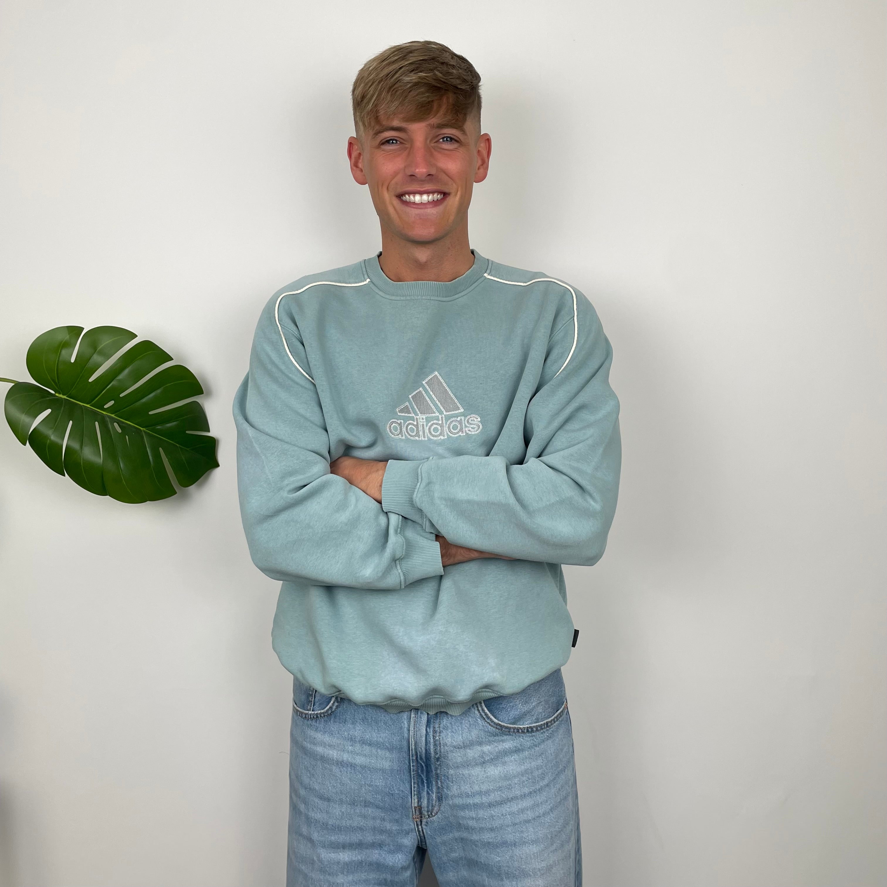 Adidas RARE Baby Blue Embroidered Spell Out Sweatshirt (XL)