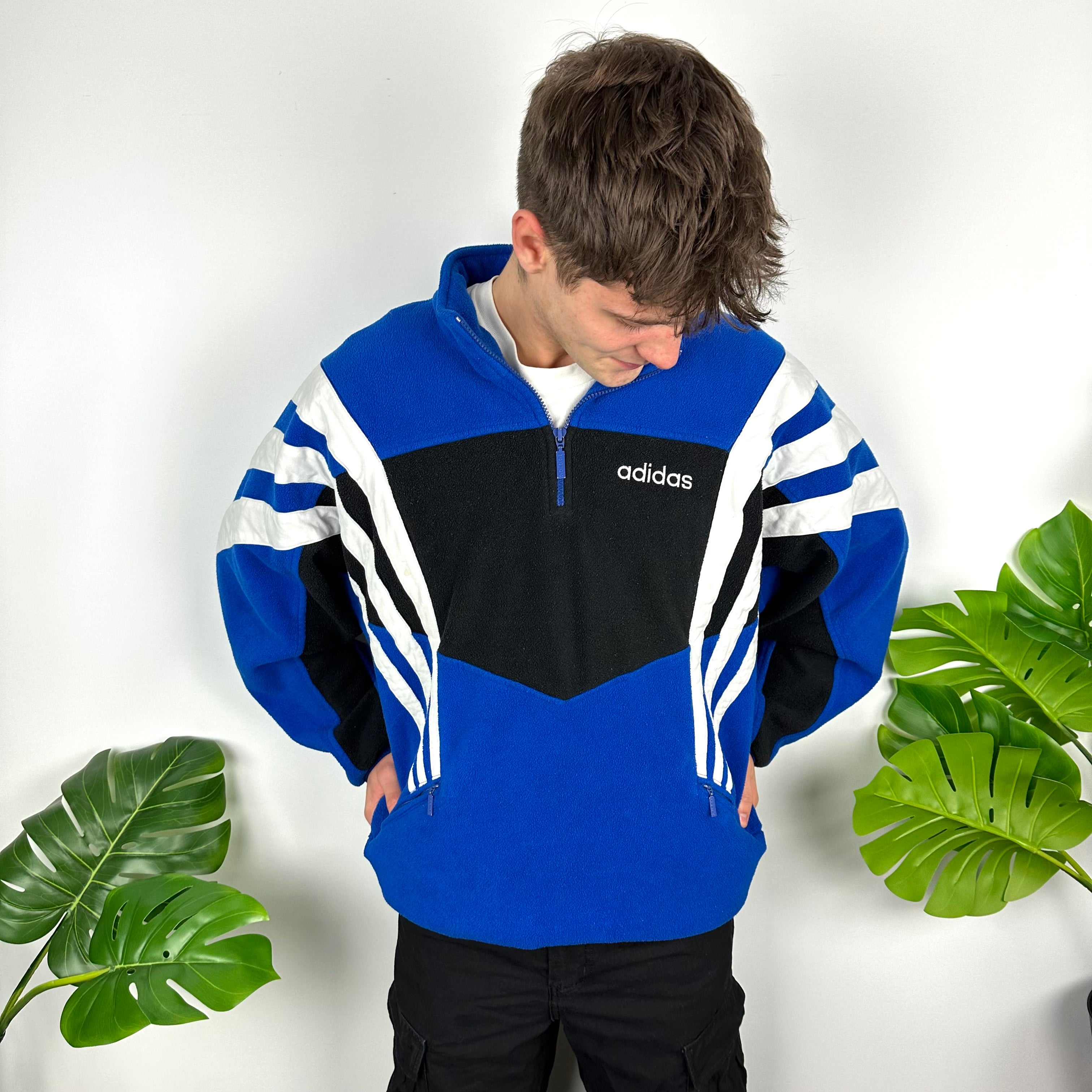 Adidas Blue Colour Block Embroidered Spell Out Teddy Bear Fleece Quarter Zip Sweatshirt (XL)