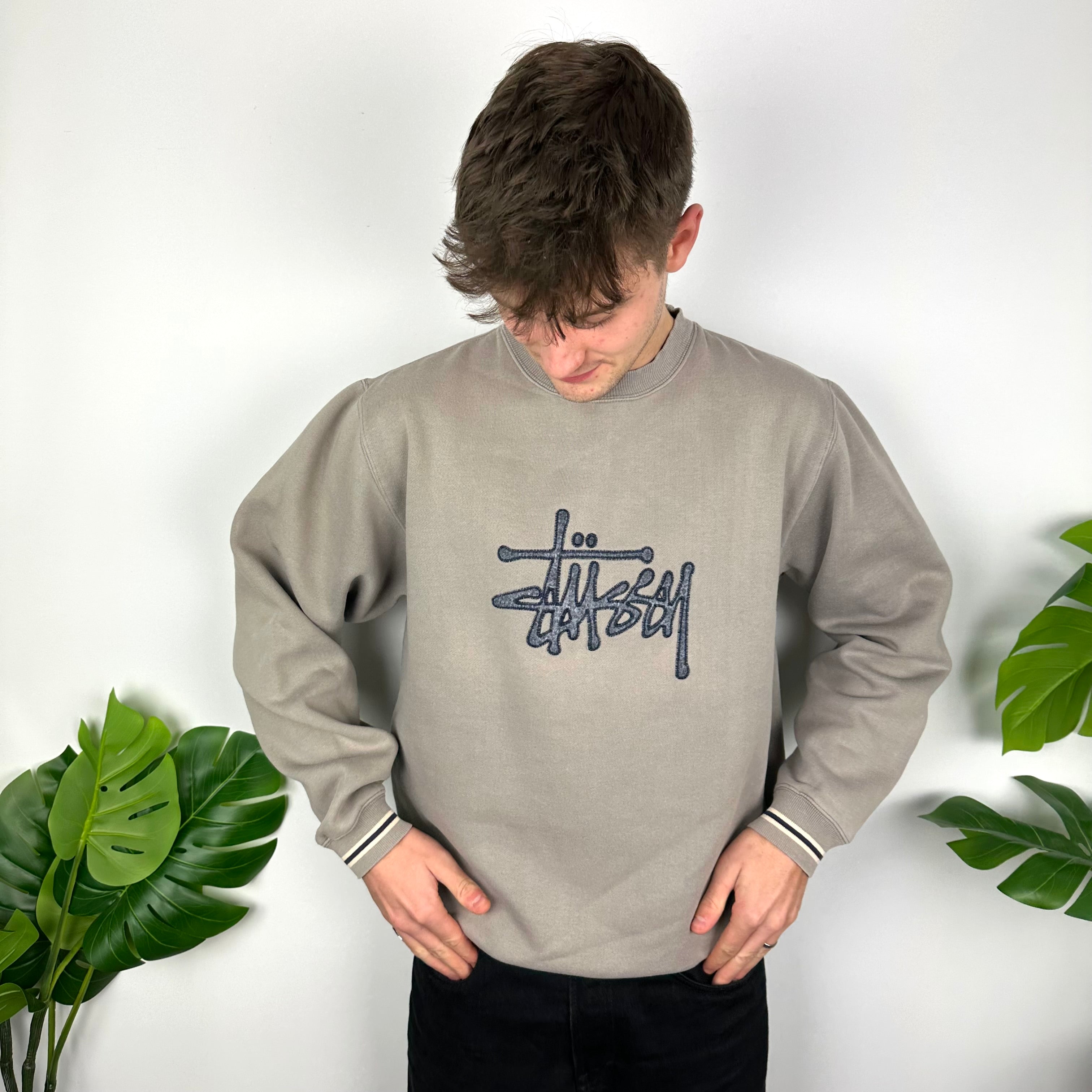 Stussy Mocha Brown Embroidered Spell Out Sweatshirt (M)