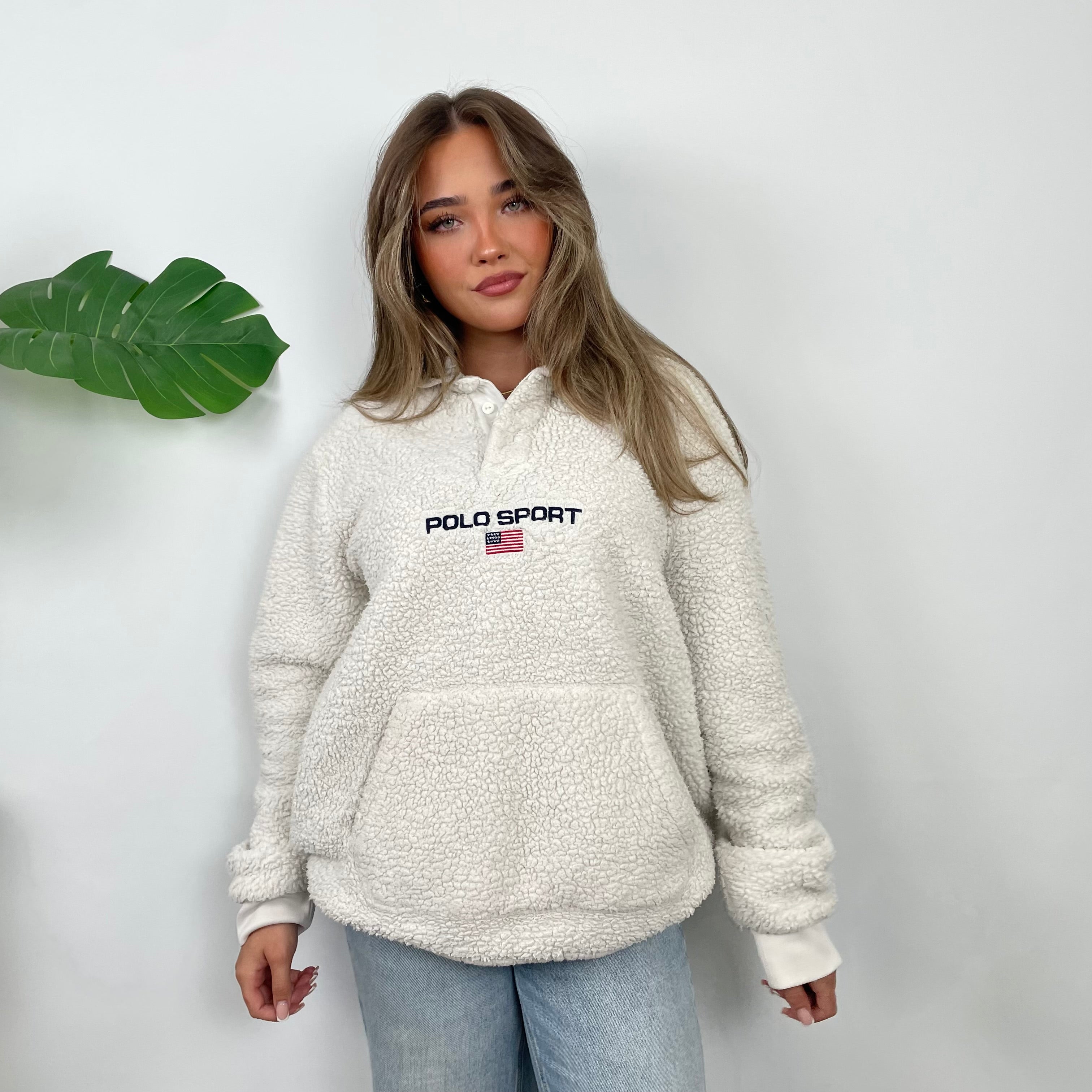 Polo Ralph Lauren Sport RARE Cream Embroidered Spell Out Teddy Bear Fleece Button Up Sweatshirt (L)