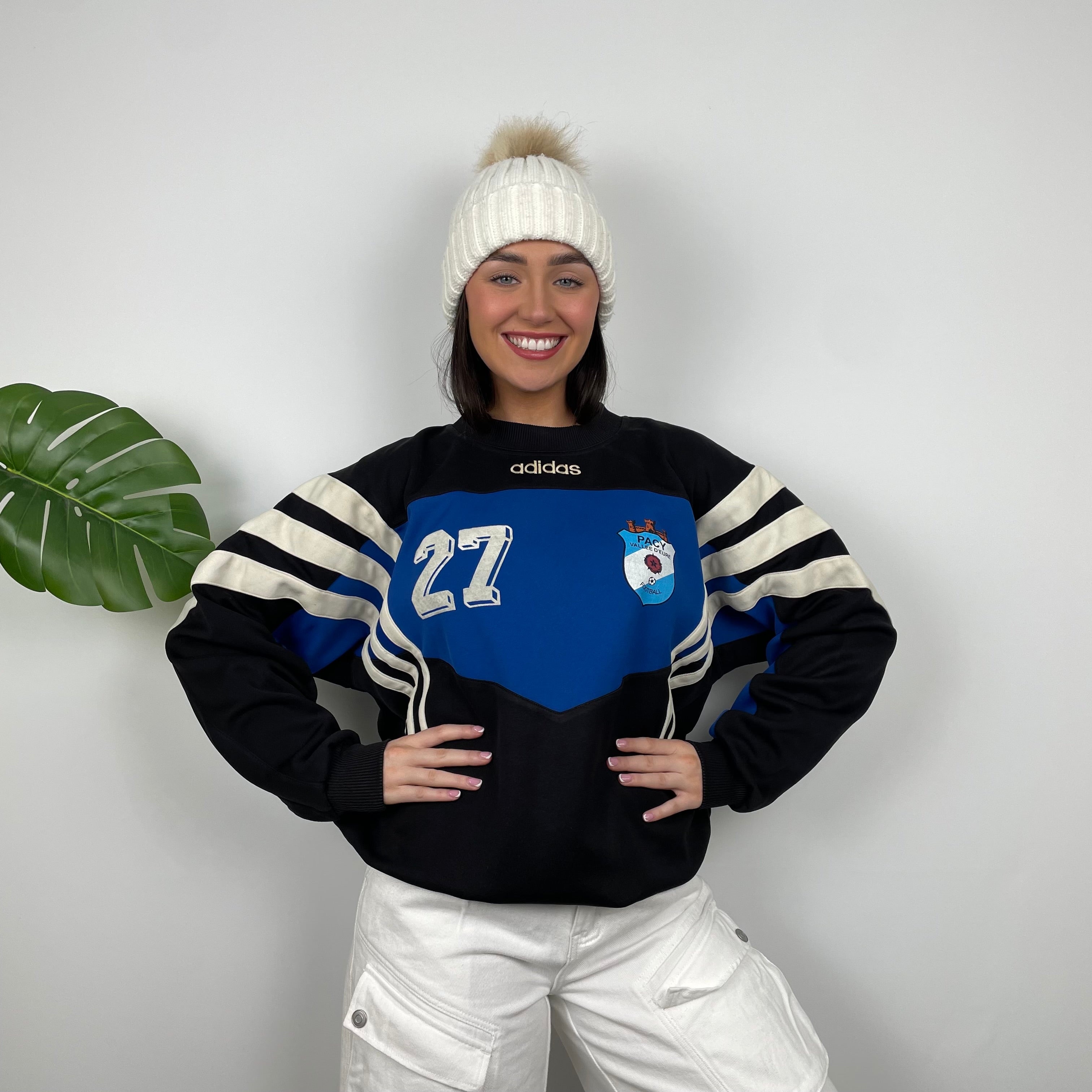 Adidas Black & Blue Embroidered Spell Out Colour Block Sweatshirt (L)