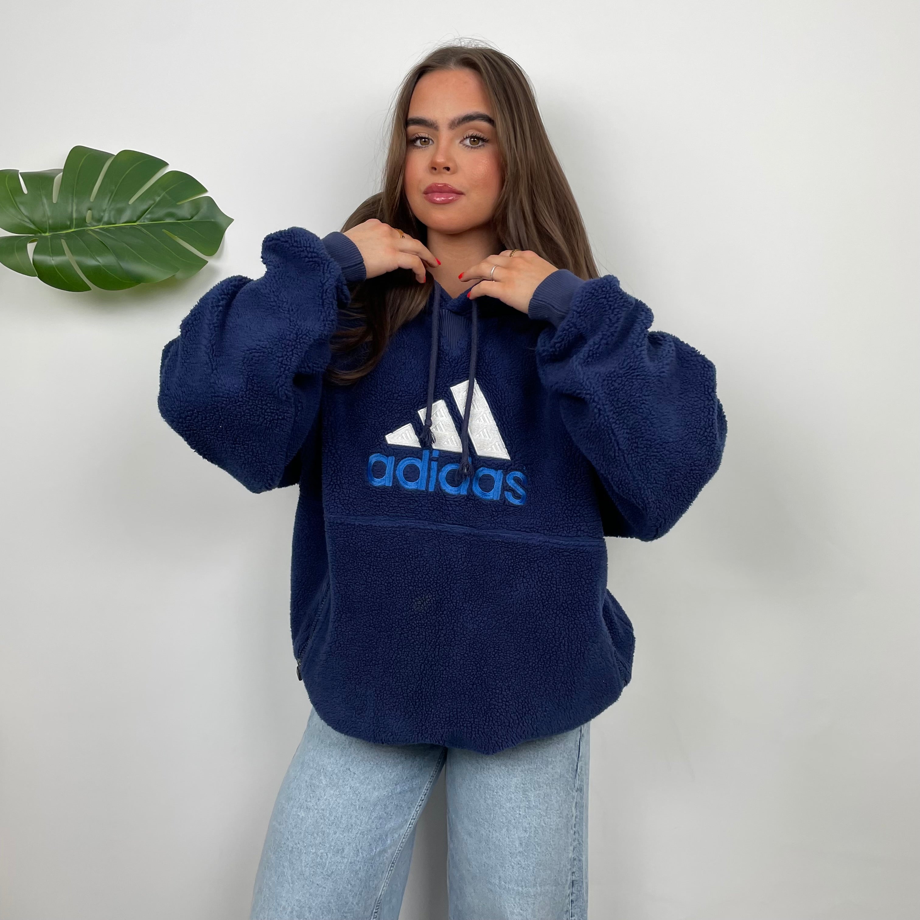 Adidas RARE Navy Embroidered Spell Out Teddy Bear Sherpa Fleece Hoodie (L)