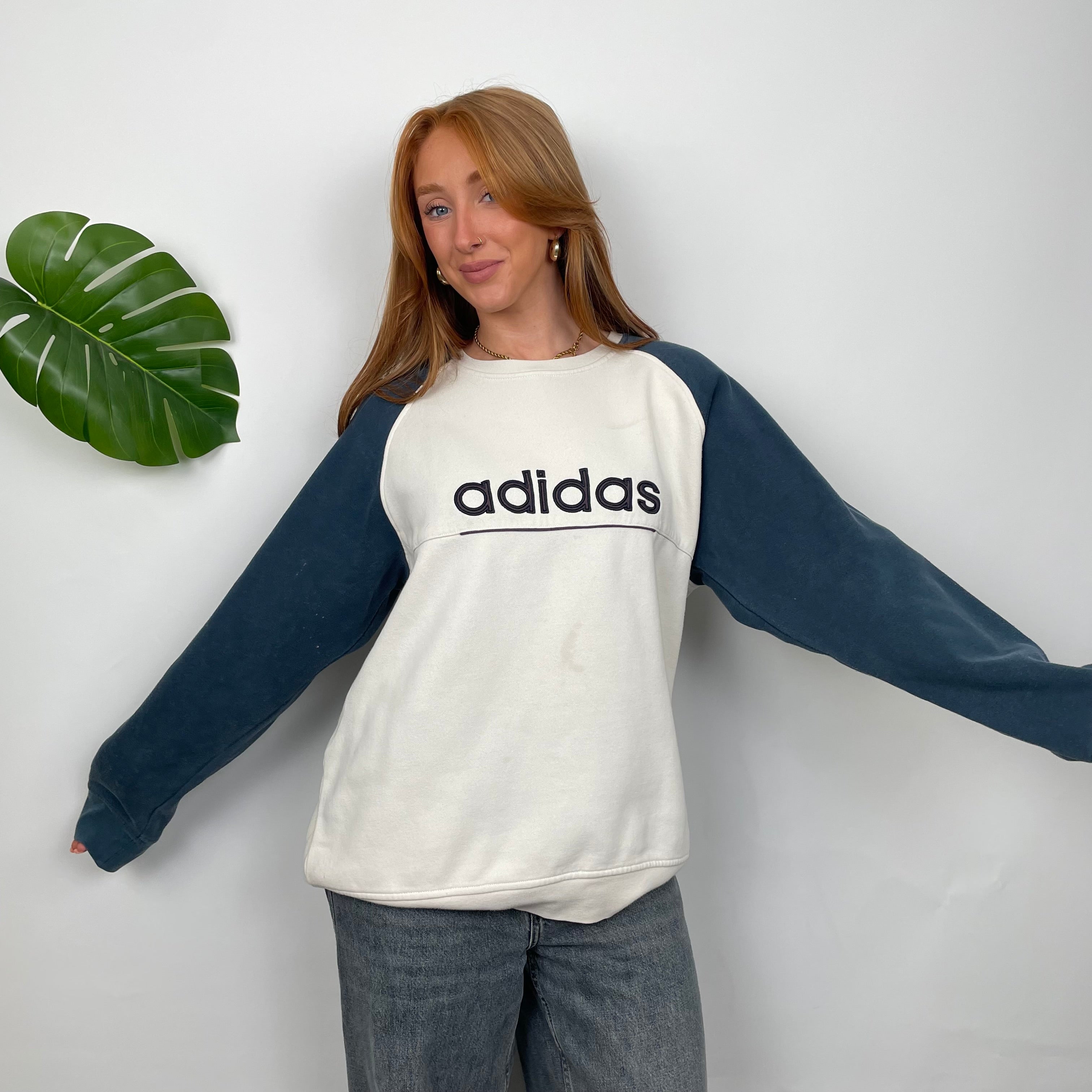 Adidas White Embroidered Spell Out Sweatshirt (M)