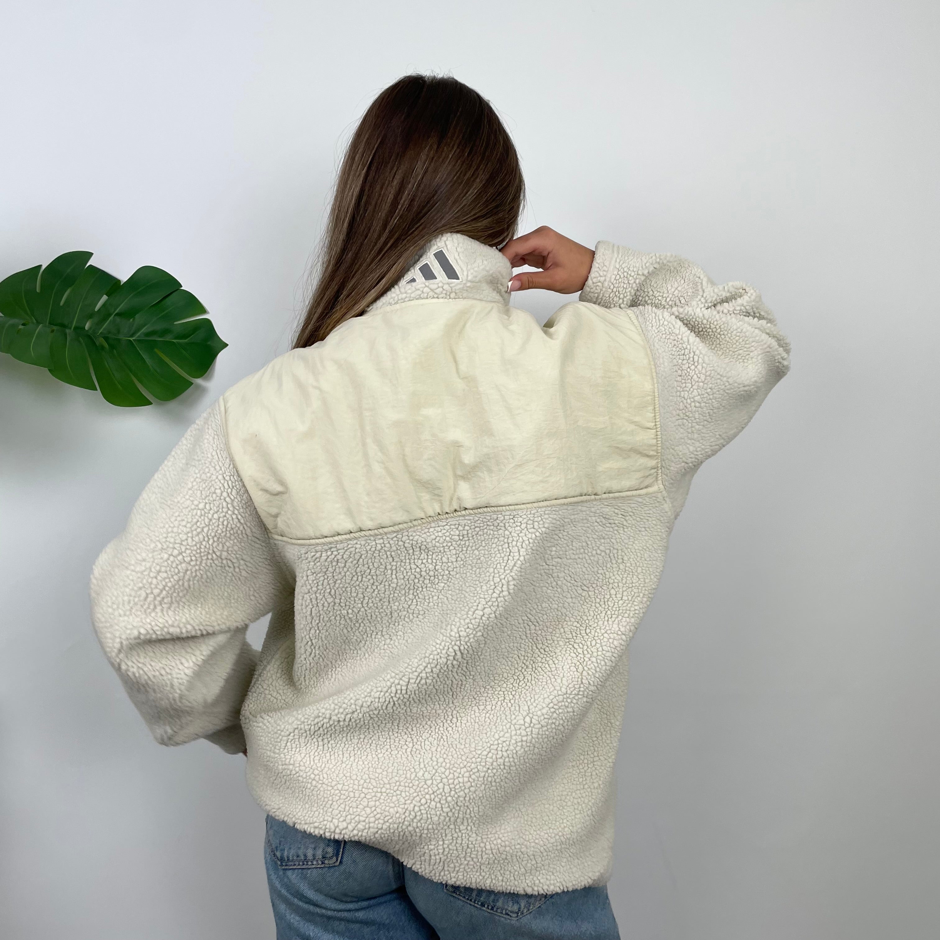 Adidas Cream Embroidered Spell Out Teddy Bear Sherpa Fleece Quarter Zip Sweatshirt (L)