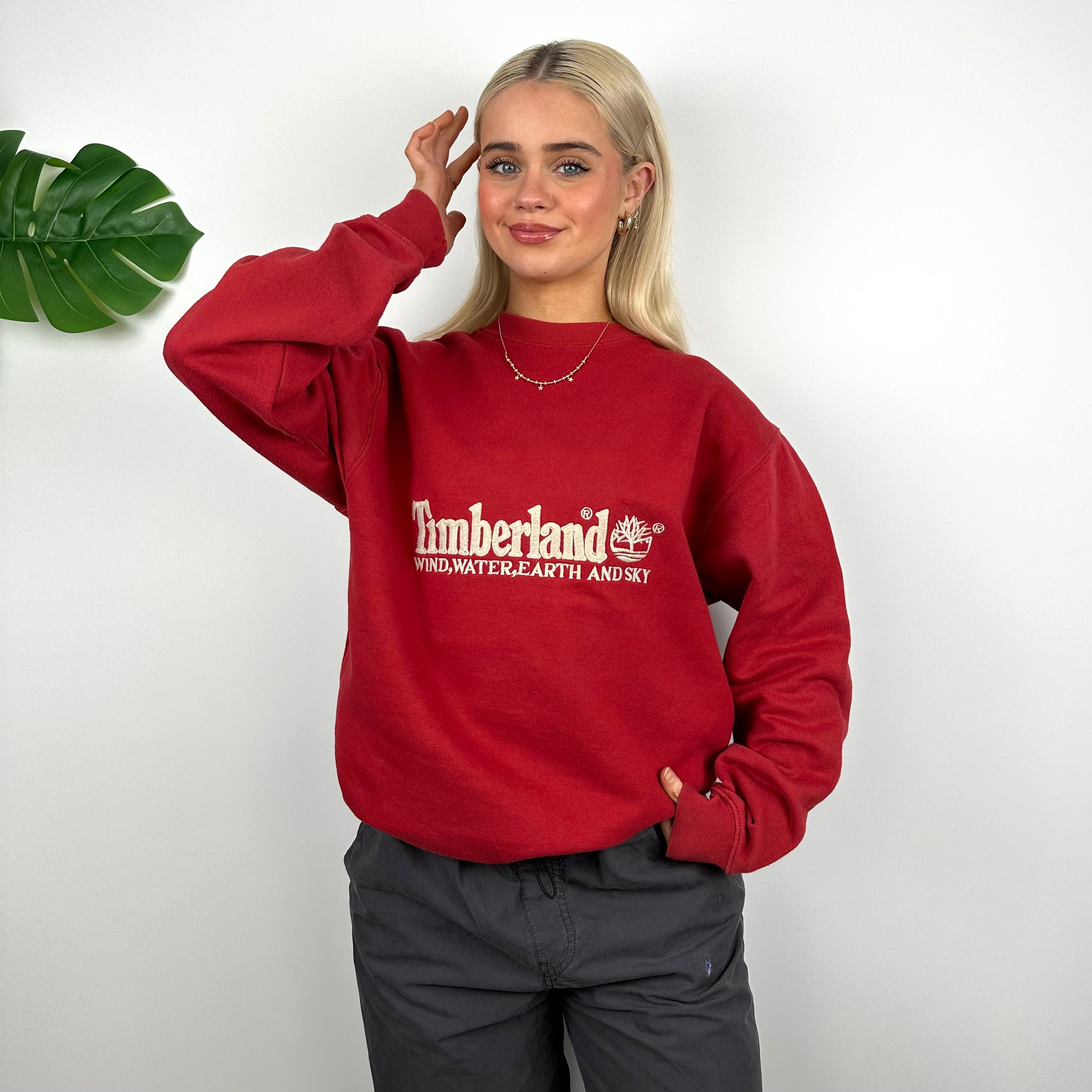 Timberland Red Embroidered Spell Out Sweatshirt (M)