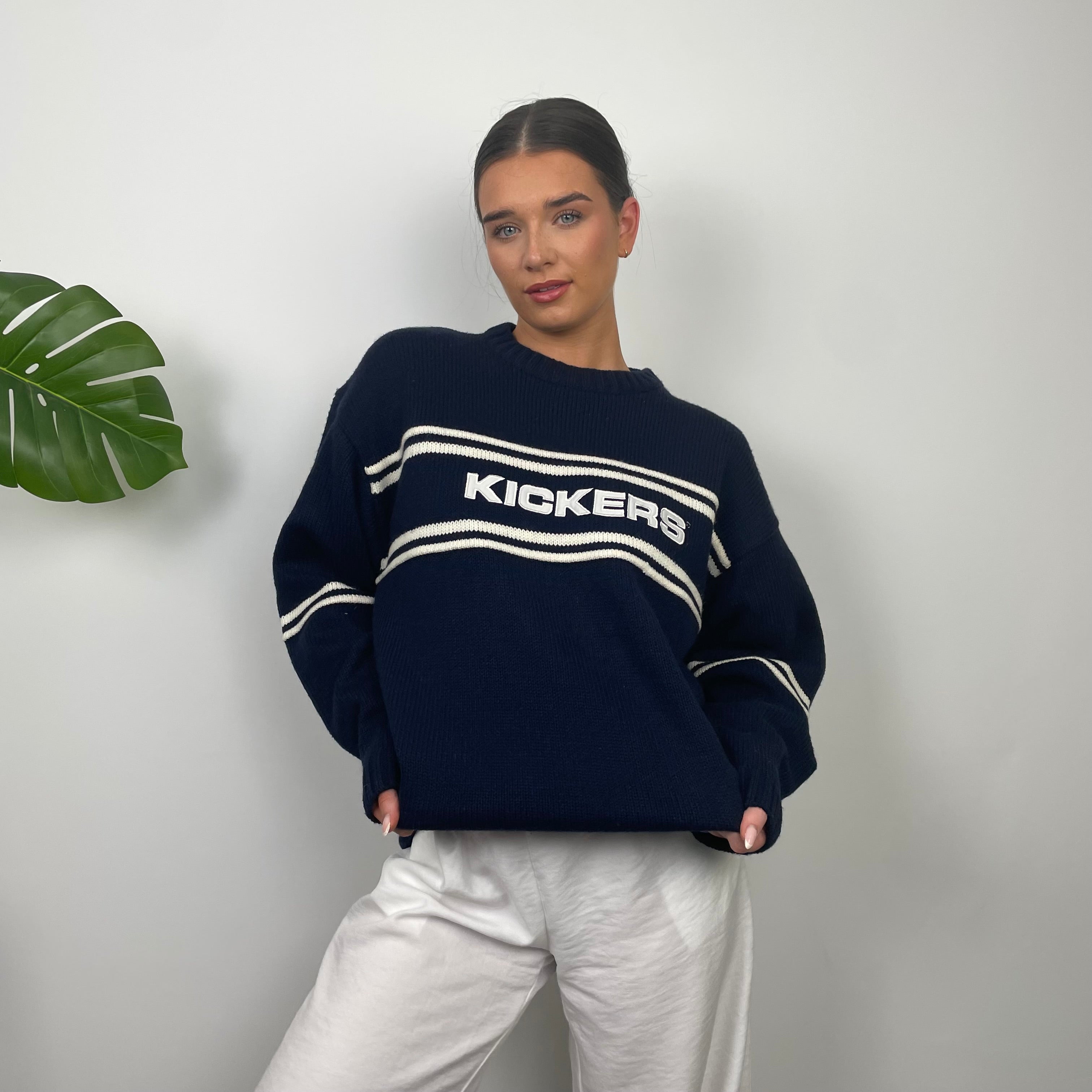 Kickers RARE Navy & Cream Embroidered Spell Out Knitted Sweater (L)