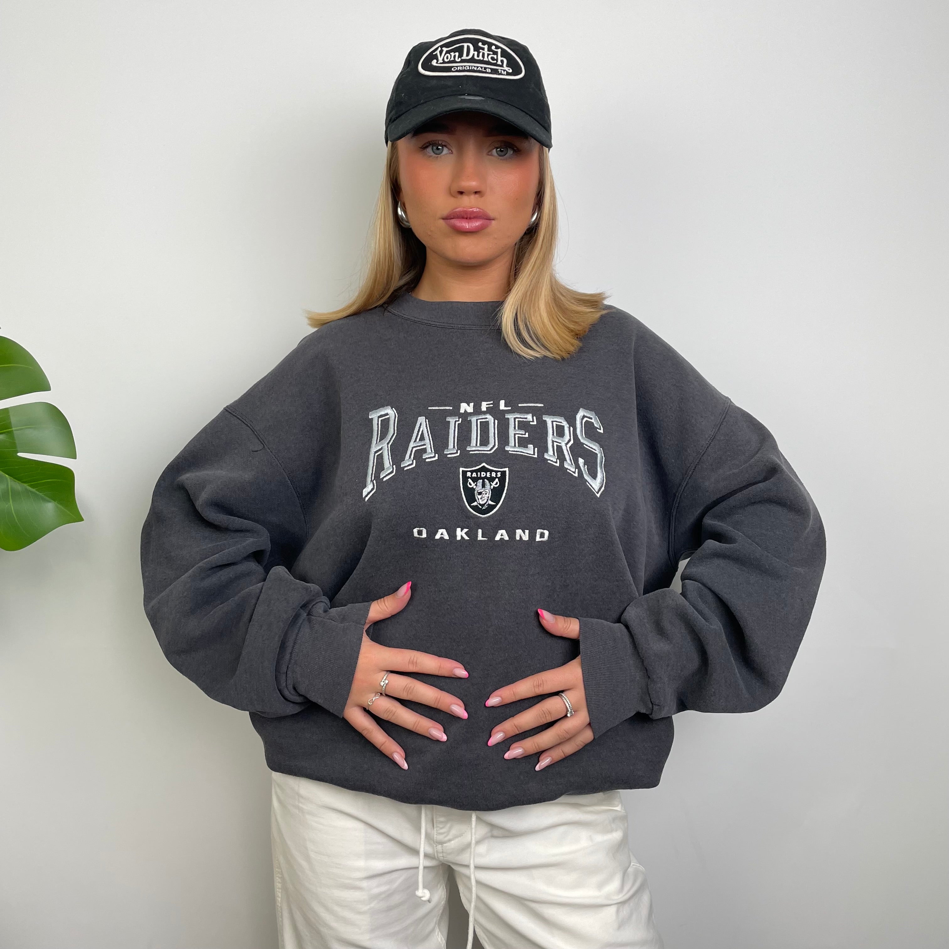 NFL Las Vegas Raiders Grey Embroidered Spell Out Sweatshirt (L)