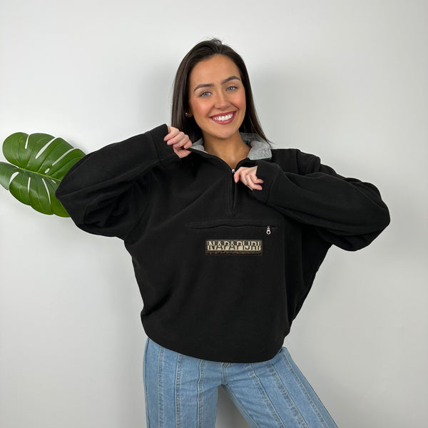 Napapijri RARE Black Embroidered Spell Out Teddy Bear Fleece Quarter Zip Sweatshirt (M)