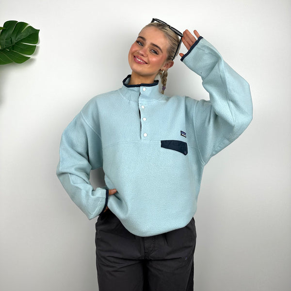 Patagonia Baby Blue Embroidered Spell Out Teddy Bear Fleece Button Sweatshirt (L)