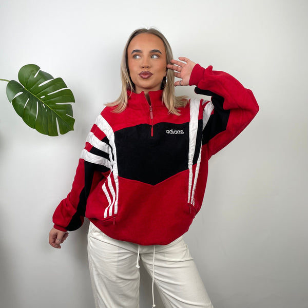 Adidas Red Colour Block Embroidered Spell Out Teddy Bear Fleece Quarter Zip Sweatshirt (L)