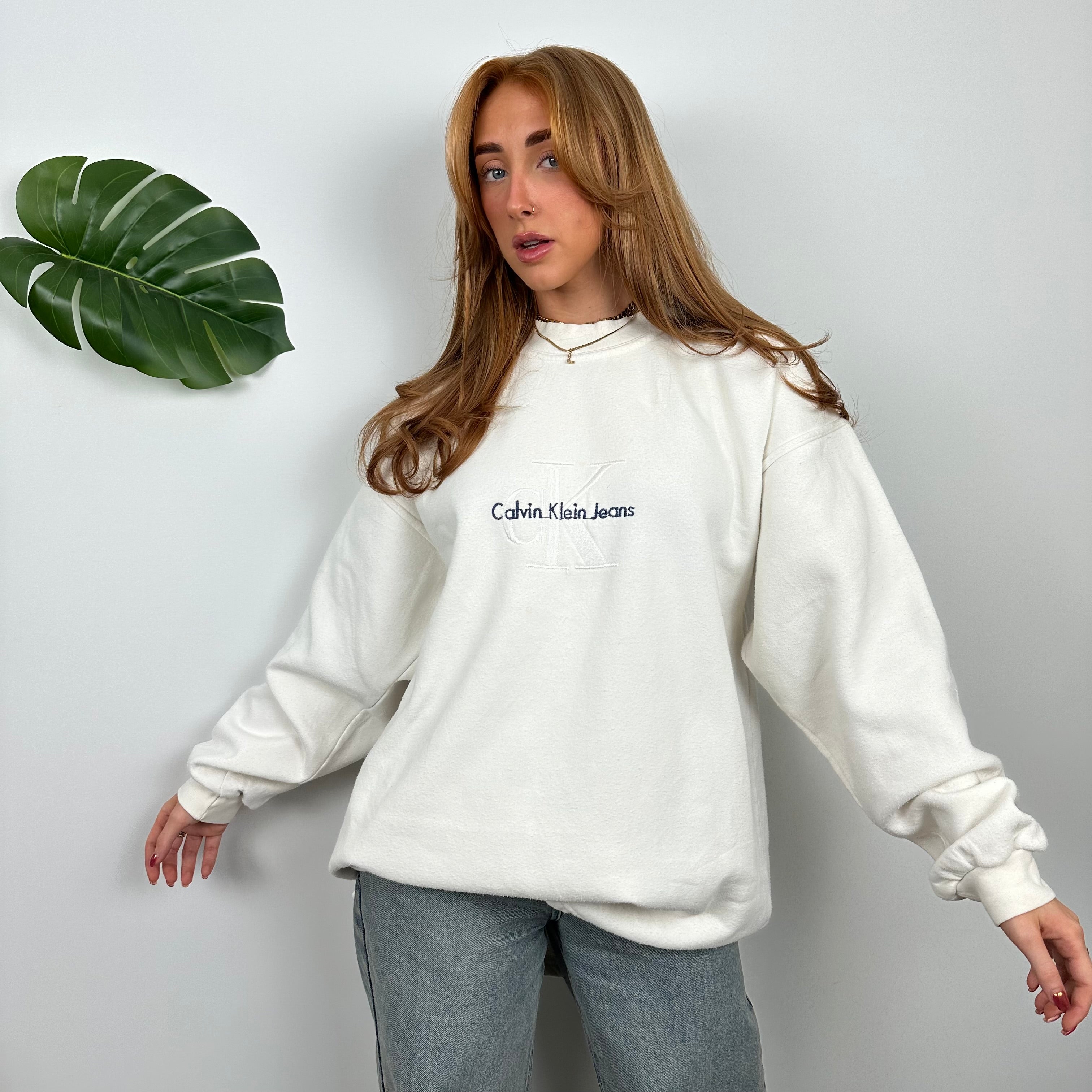 Calvin Klein RARE White Embroidered Spell Out Sweatshirt (XL)