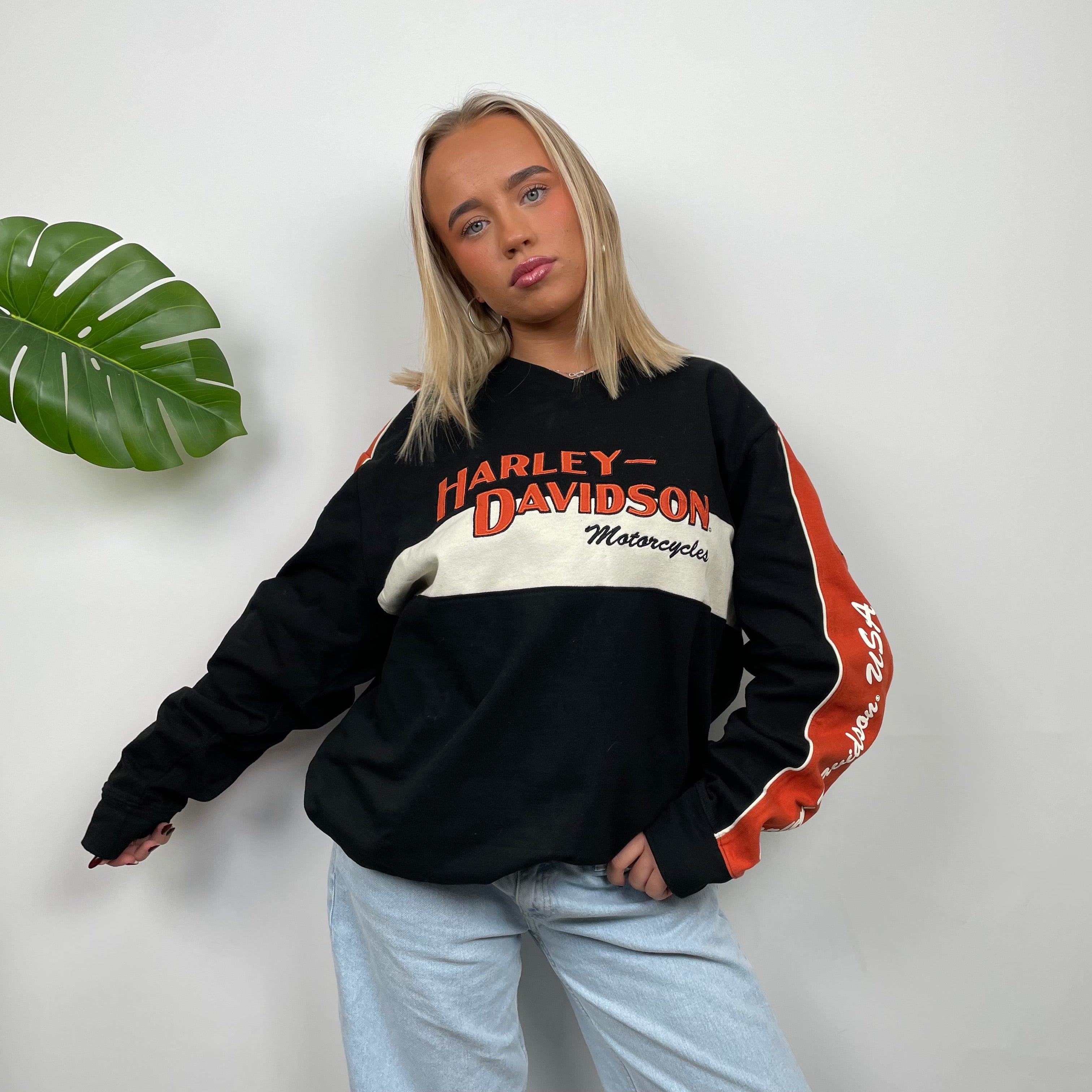 Harley Davidson RARE Black Embroidered Spell Out Sweatshirt(XL)