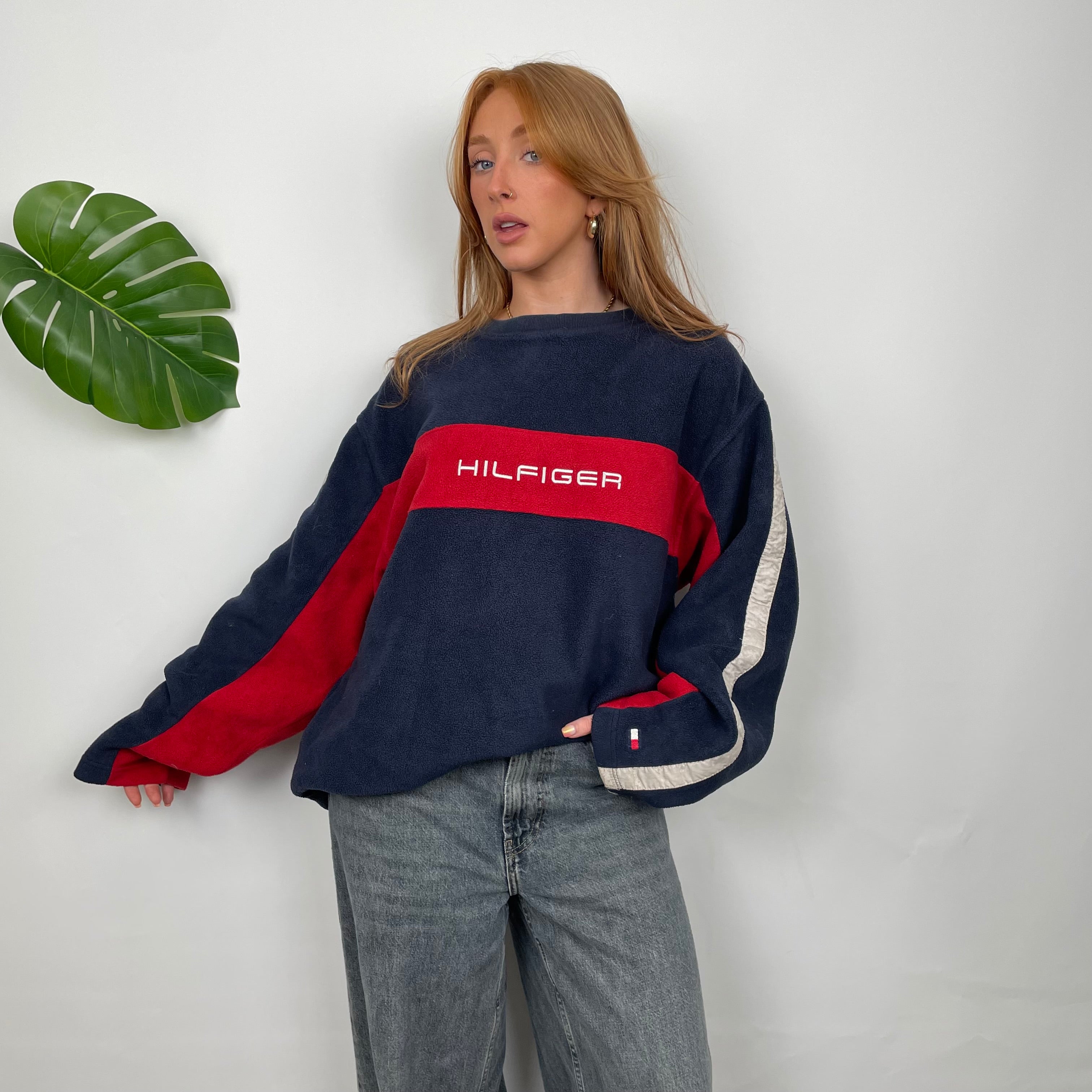 Tommy Hilfiger RARE Navy Embroidered Spell Out Fleece Sweatshirt (M)