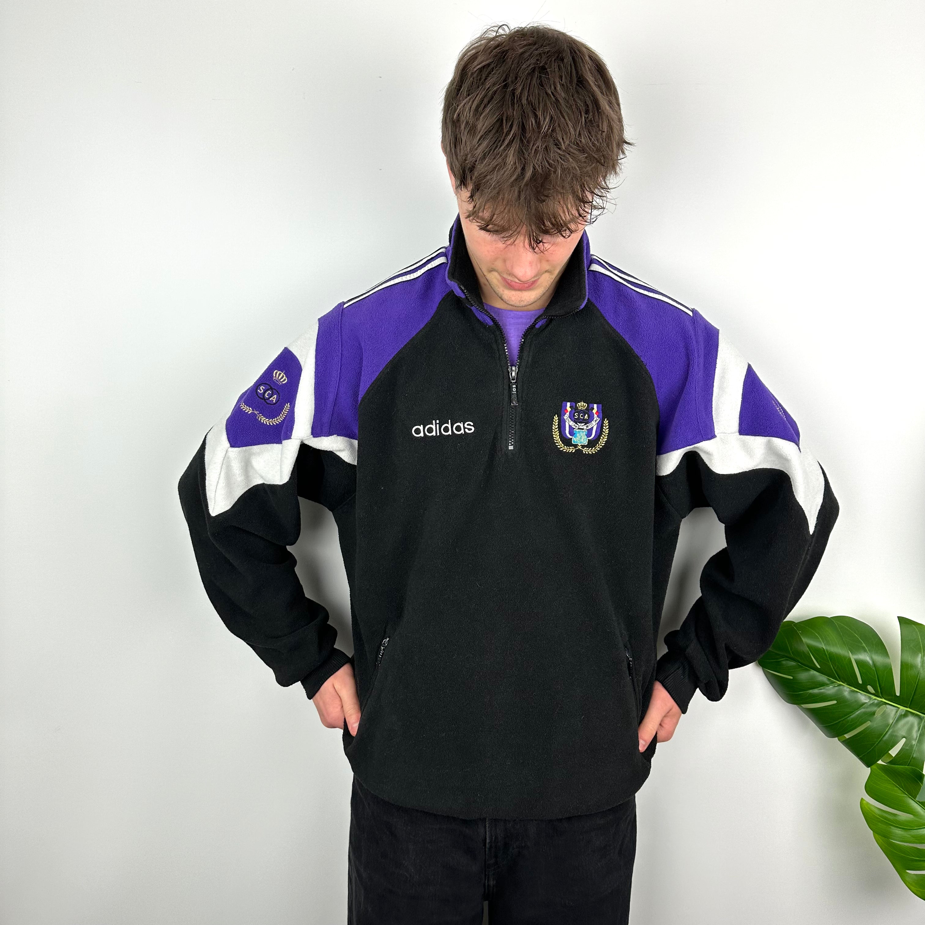 Adidas x R.S.C. Anderlecht Black & Purple Embroidered Spell Out Teddy Bear Fleece Quarter Zip Sweatshirt (L)