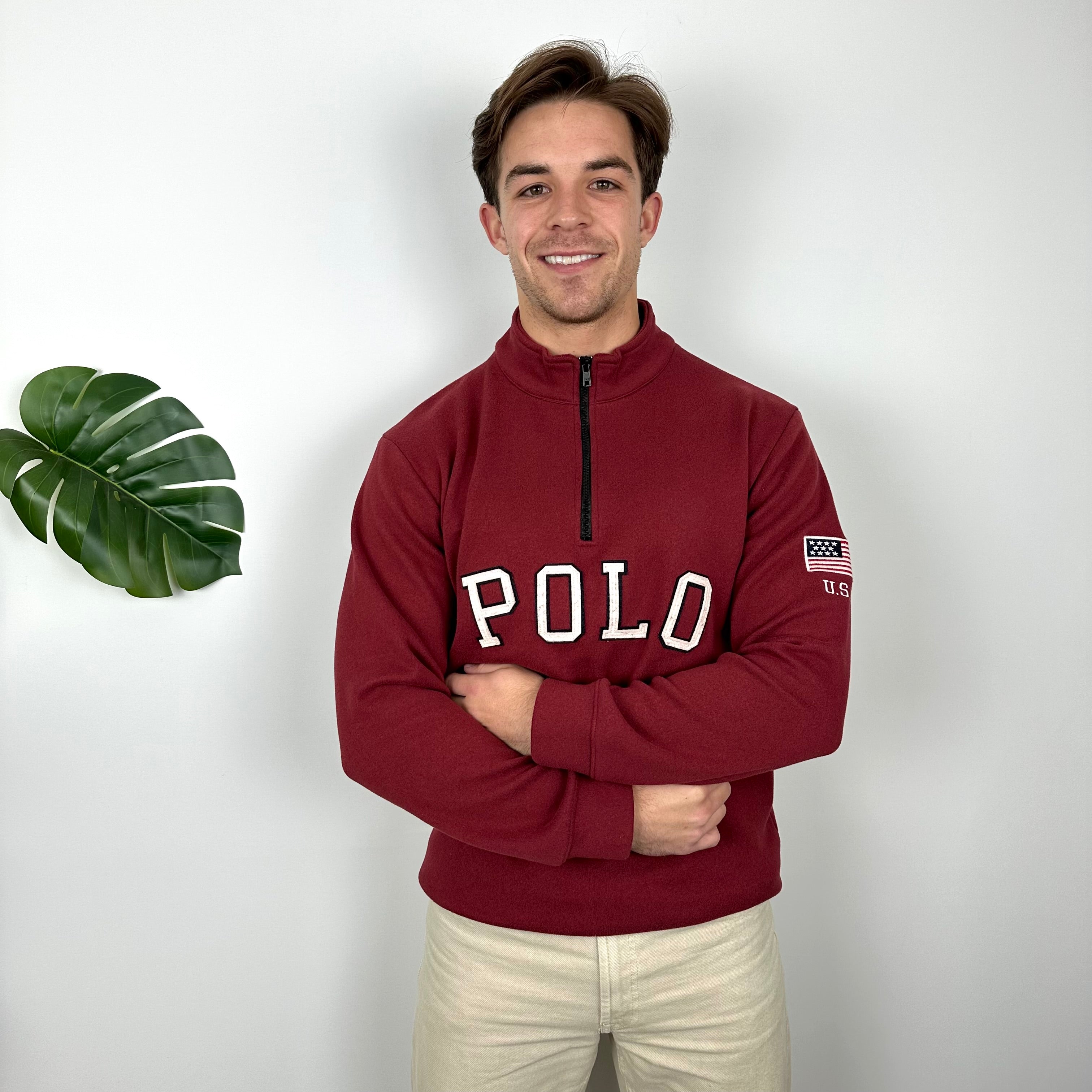 Polo Ralph Lauren Maroon Embroidered Spell Out Fleece Quarter Zip (L)