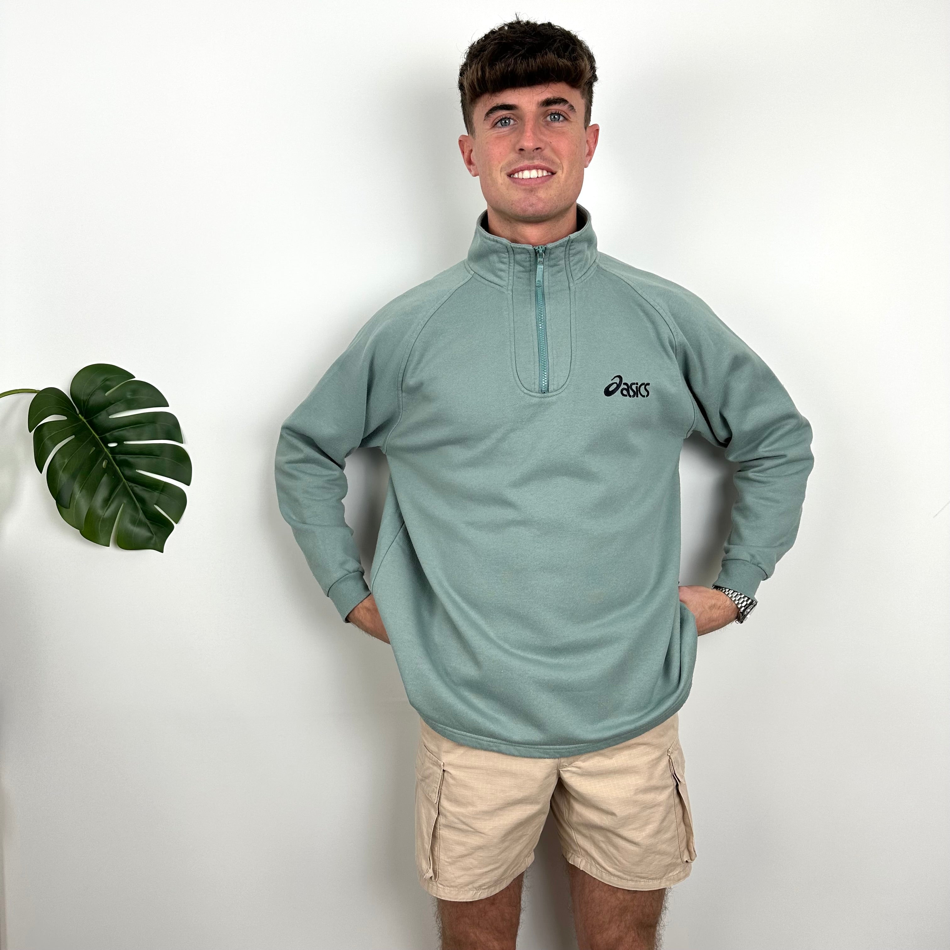 ASICS Green Embroidered Spell Out Quarter Zip Sweatshirt (M