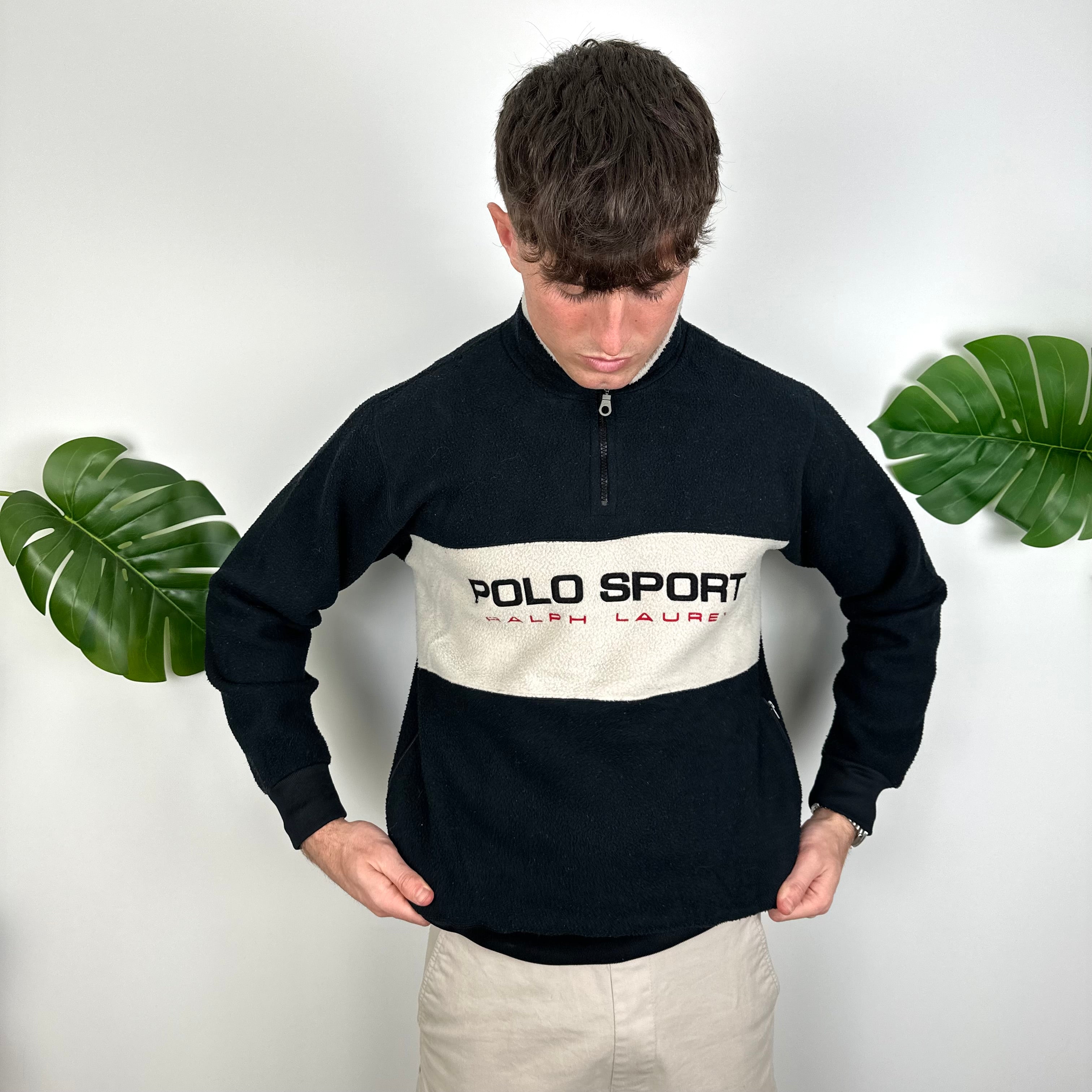 Polo Ralph Lauren Sport Black Embroidered Spell Out Teddy Bear Fleece Quarter Zip Sweatshirt (S)