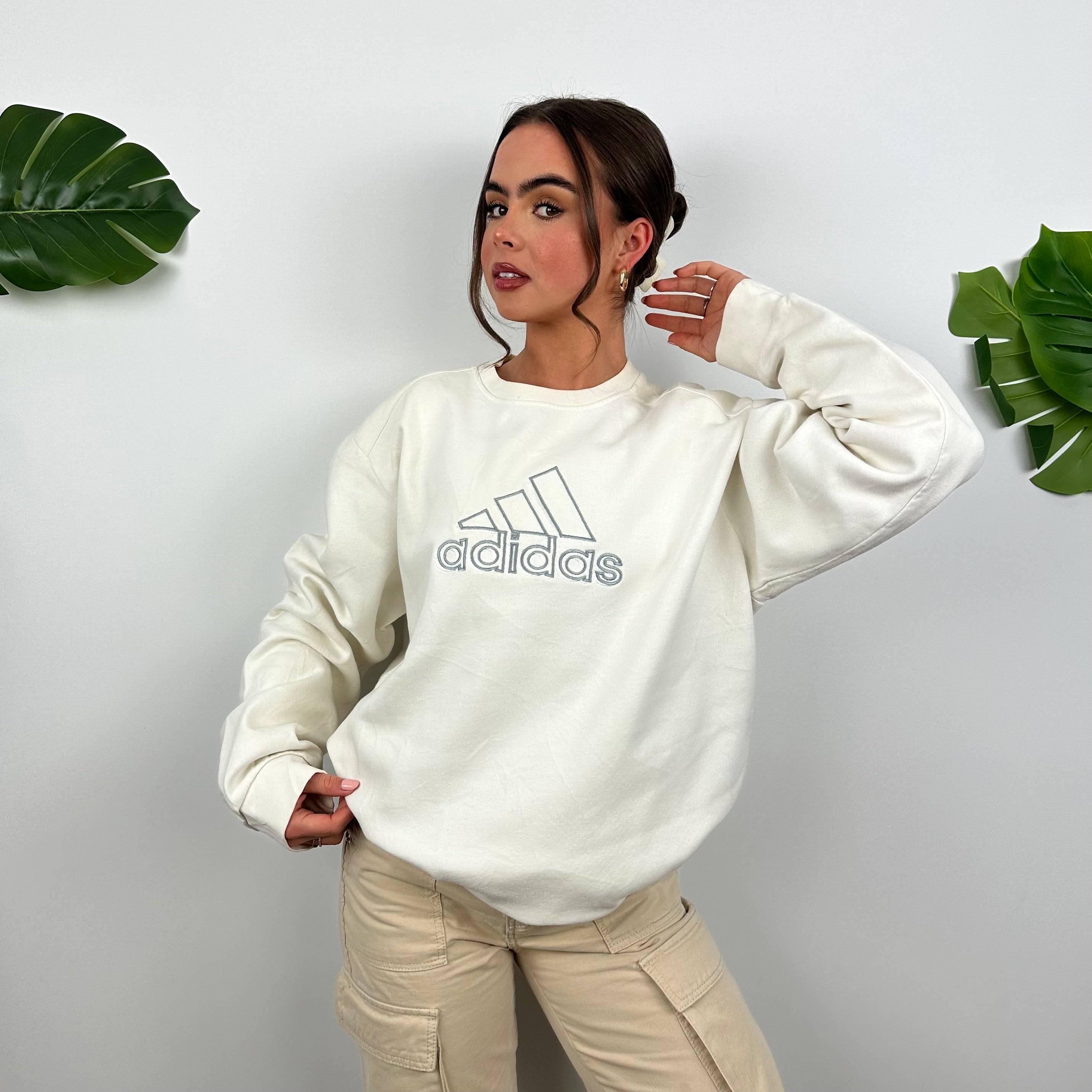 Adidas White Embroidered Spell Out Sweatshirt (M)