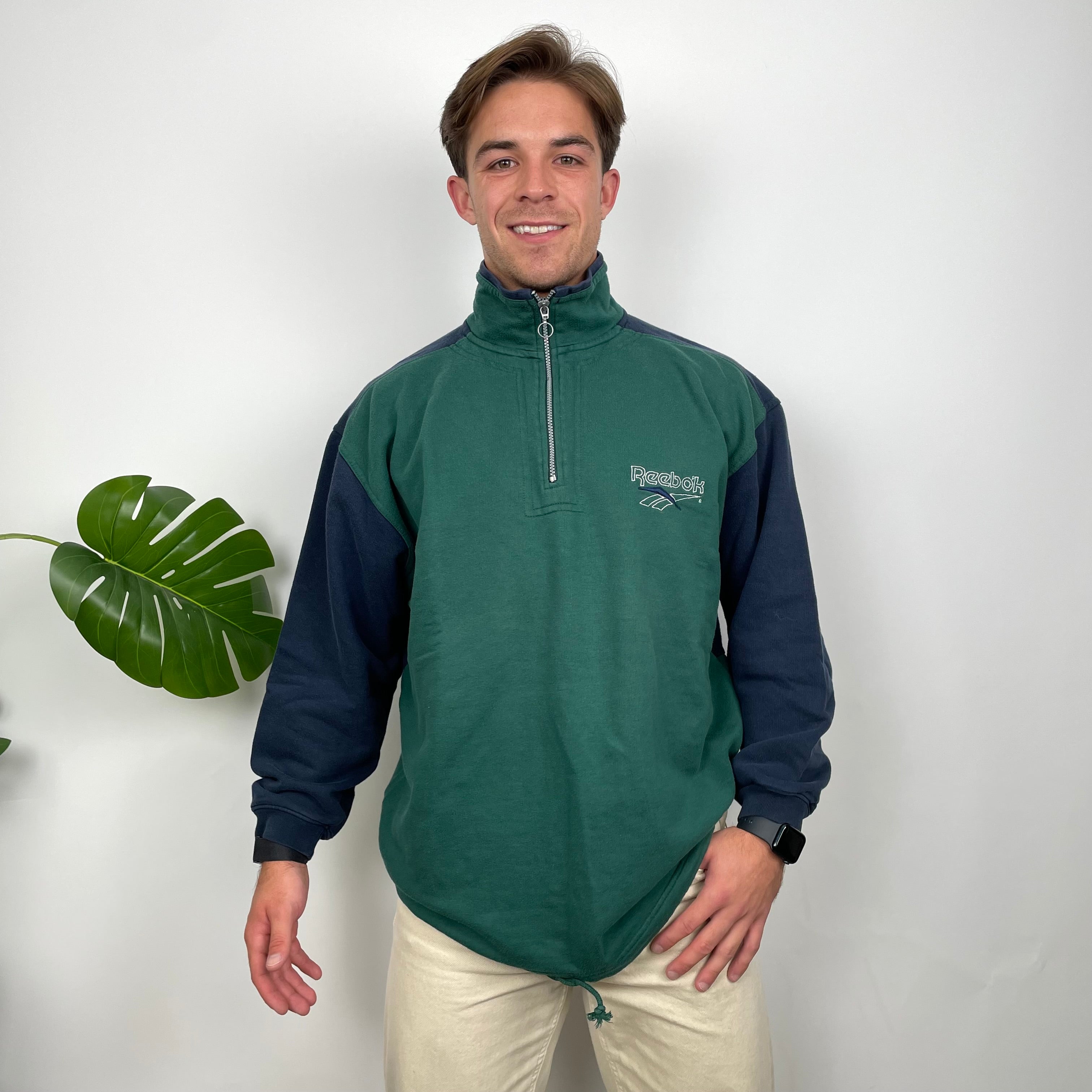 Reebok Green Embroidered Spell Out Quarter Zip Sweatshirt (XL)