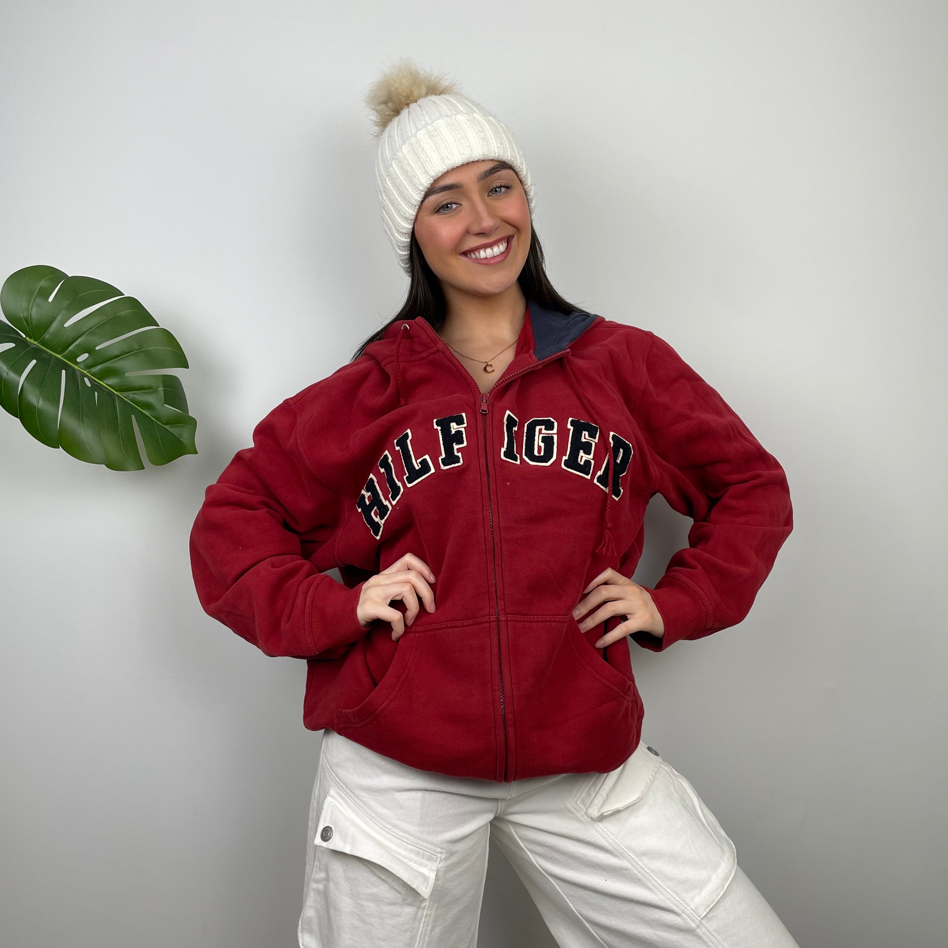 Tommy Hilfiger RARE Red Embroidered Spell Out  Zip Up Hoodie (L)