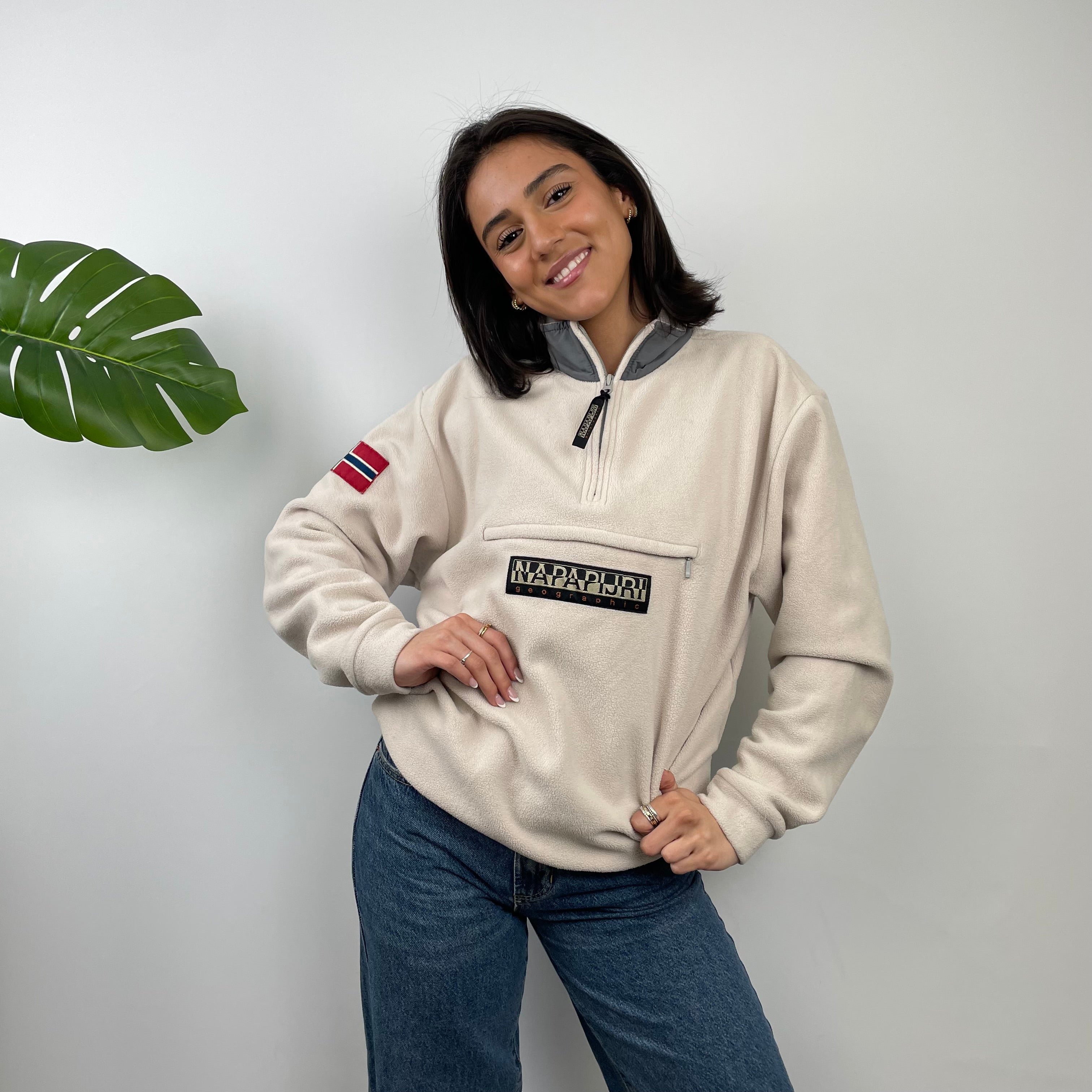 Napapijri Cream Embroidered Spell Out Teddy Bear Fleece Quarter Zip (M)