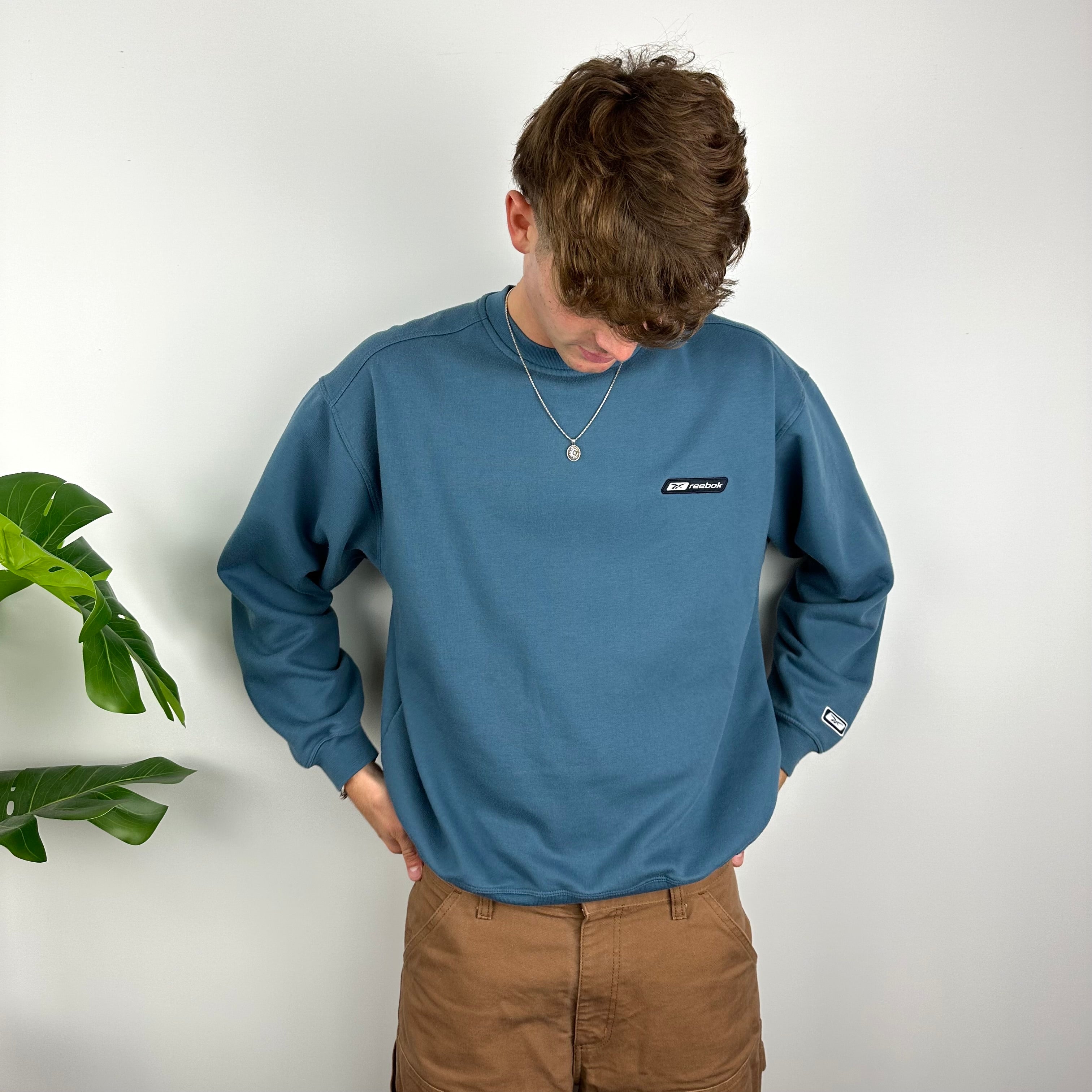 Reebok RARE Blue Embroidered Spell Out Sweatshirt (M)