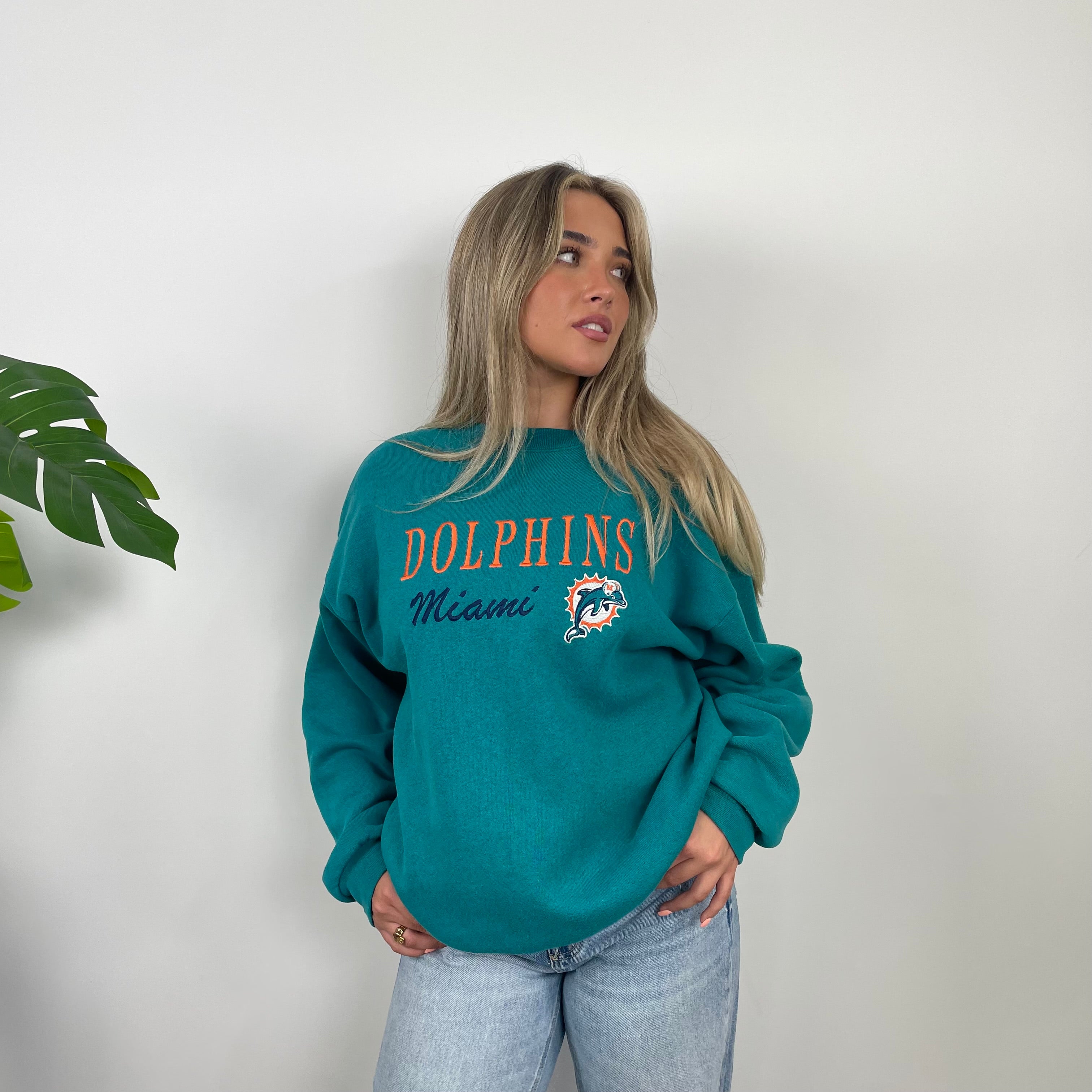 NFL Miami Dolphins Turquoise Embroidered Spell Out Sweatshirt (L)