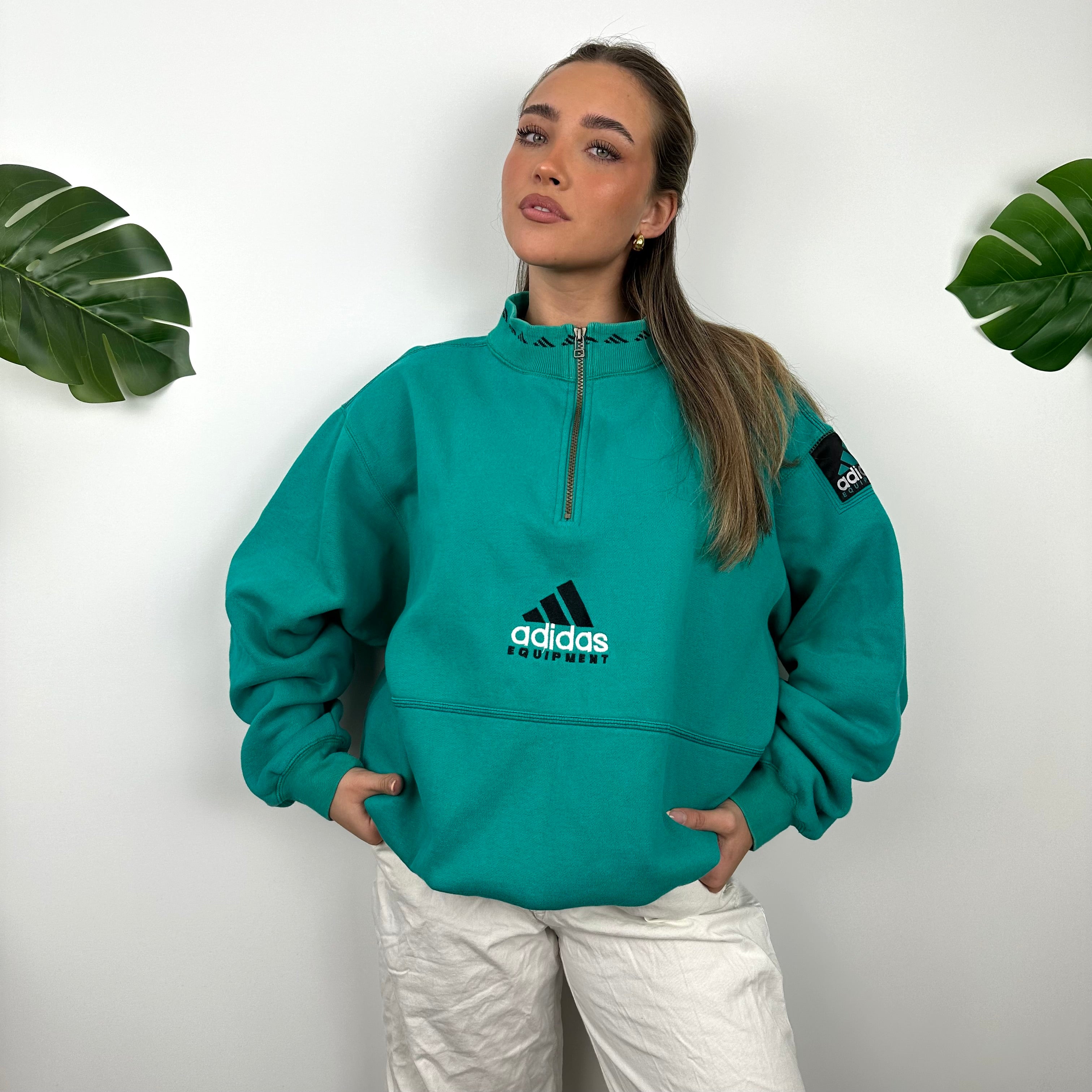 Adidas Equipment Turquoise Green Embroidered Spell Out Quarter Zip Sweatshirt (L)