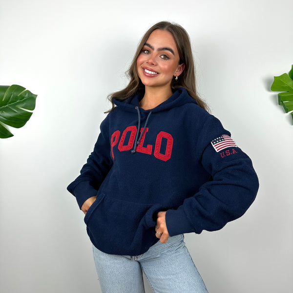 Polo Ralph Lauren Navy Embroidered Spell Out Teddy Bear Fleece Hoodie (L)